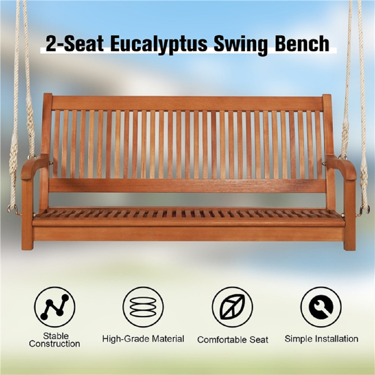 LIVSK Schommelbank Eucalyptus - Ergonomisch Ontwerp - Voor 2 Personen - Draagvermogen 360 kg - 126 x 62 x 60 cm - Natuurlijk