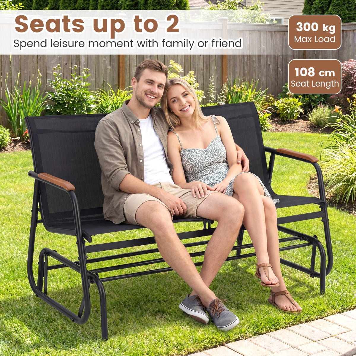 Livsk costway schommelbank voor 2 3 personen terrasbank met ademende stoffen zitting schommelstoel voor tuin terras balkon zwart 74 x 115 x 84 cm