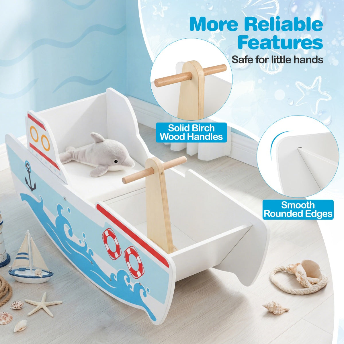 Livsk costway schommelboot voor kinderen van 1 5 jaar houten schommelpaard met nautisch design berkenhouten handgrepen brede zitting en rugleuning