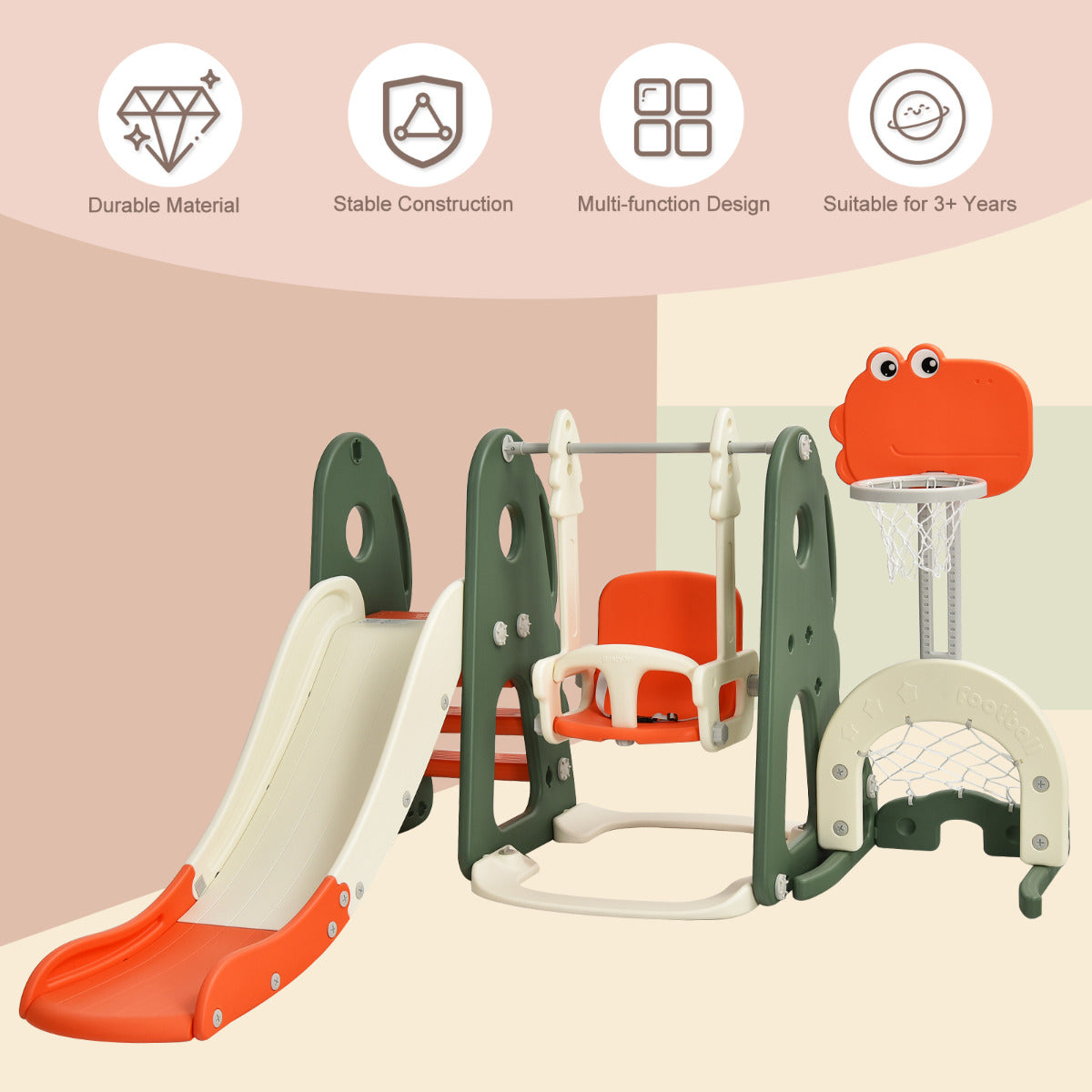 LIVSK 6-in-1 Speelset voor Peuters - Glijbaan, Schommel, Basketbalstandaard, Voetbaldoel - Veilig HDPE - 172 x 182 x 108-120 cm -