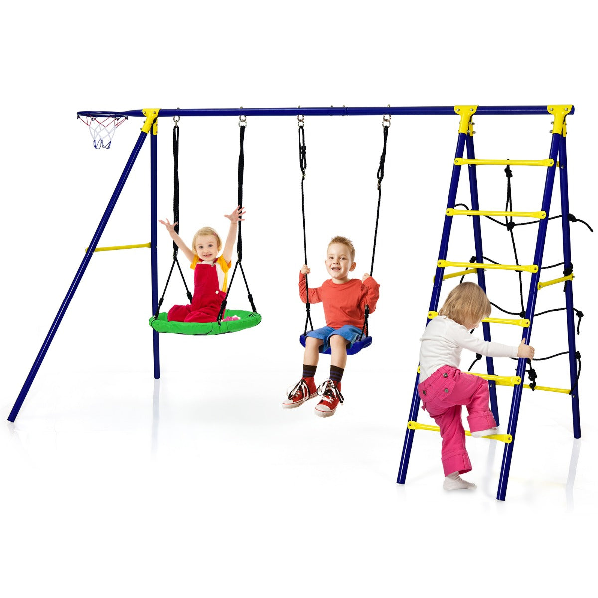 LIVSK 5-in-1 Buitenschommelset - 2 Schommels - Basketbalring - Klimladder - Duurzaam en Veilig - Tot 75 kg - Zoals afgebeeld