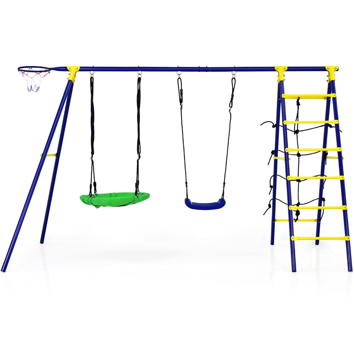 LIVSK 5-in-1 Buitenschommelset - 2 Schommels - Basketbalring - Klimladder - Duurzaam en Veilig - Tot 75 kg - Zoals afgebeeld