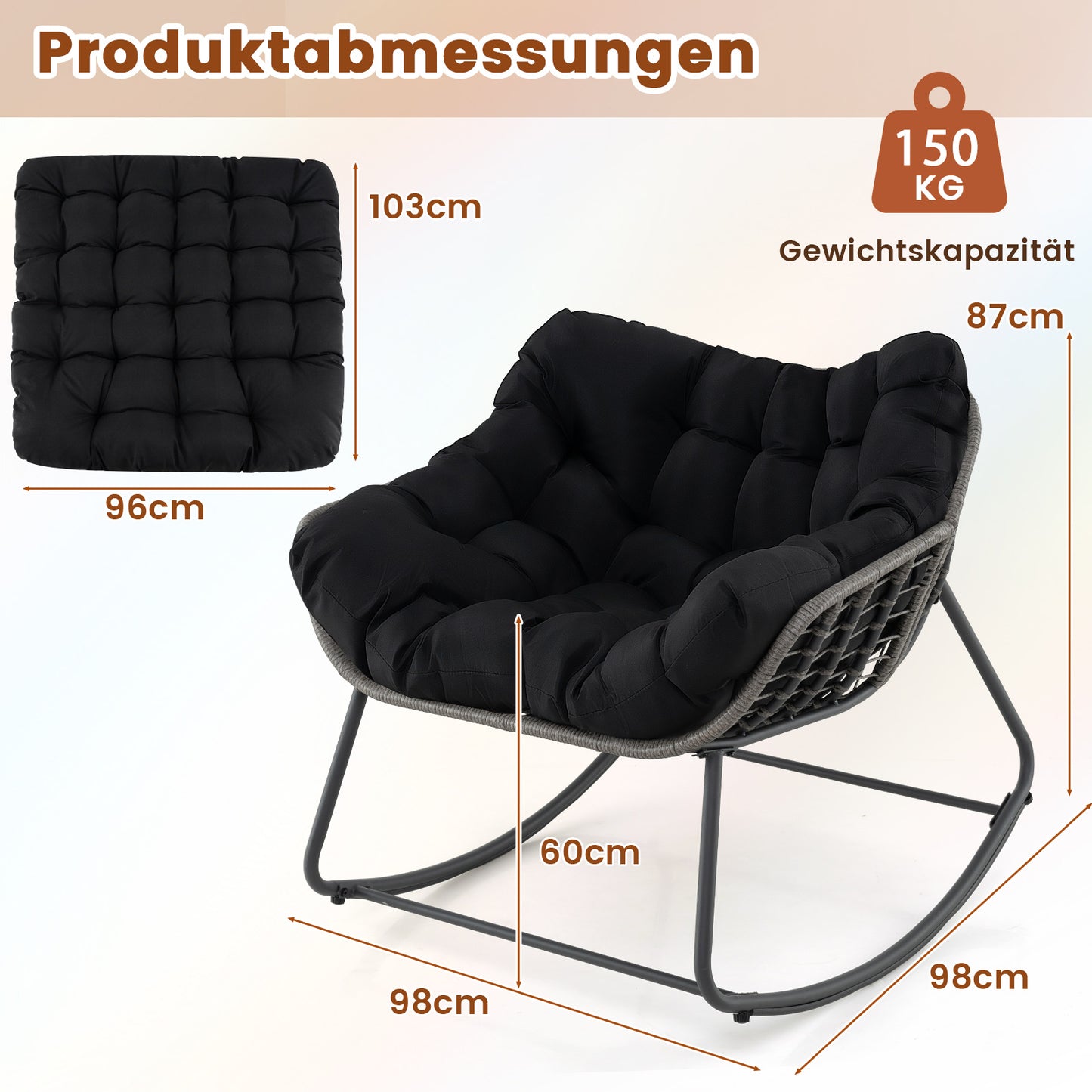 LIVSK Eier Schommelstoel - Handgevlochten PE-rattan - Ultradik Kussen - Hoogbelastbaar Metalen Frame - Tot 150 kg - Mix grijs