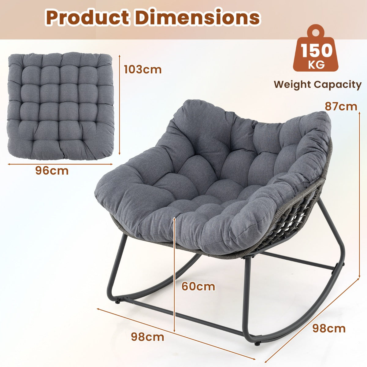 Livsk costway schommelstoel met dikke afneembare kussen overgrote schommelstoel relaxstoel grijs 1