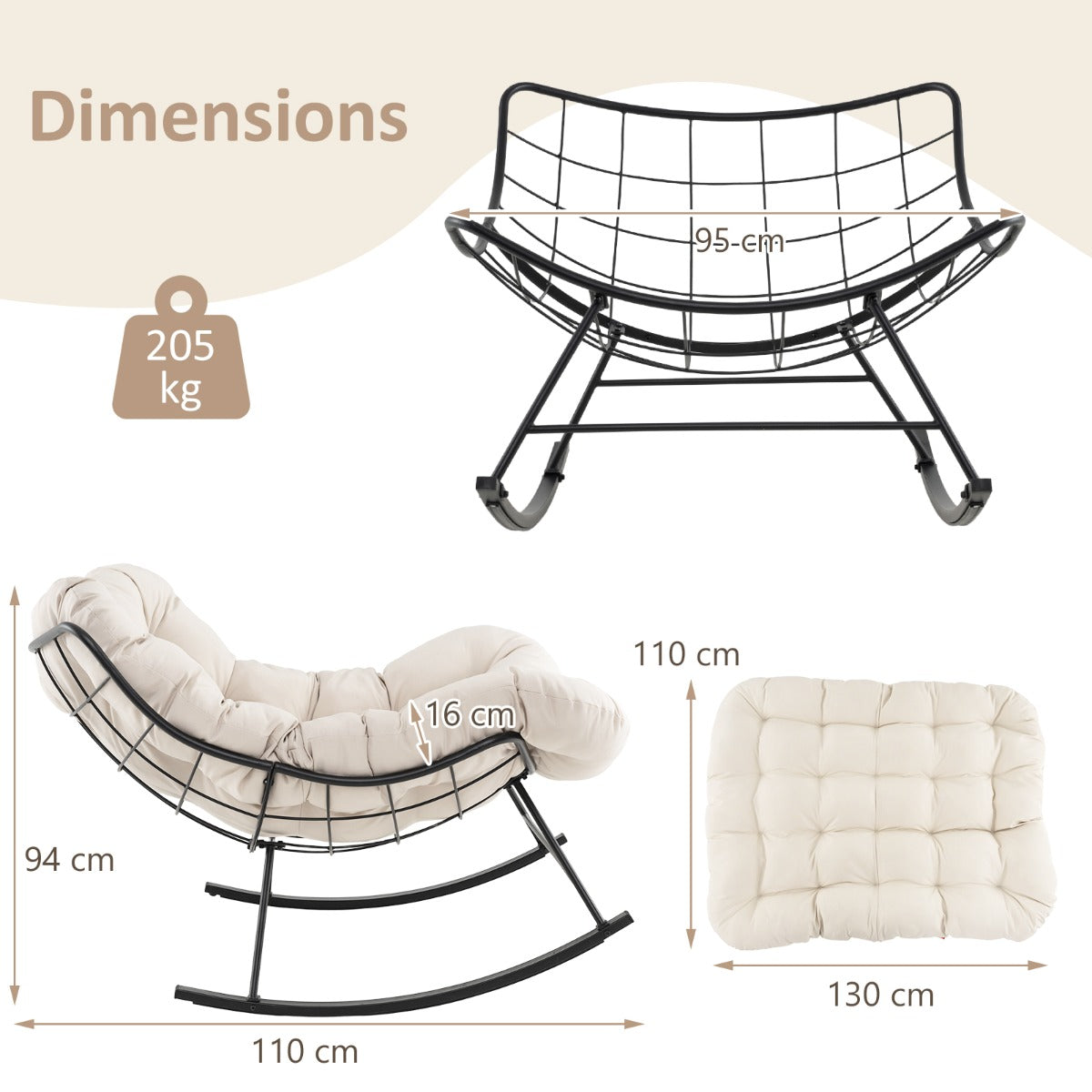 LIVSK Schommelstoel - 205 kg Draagkracht - Luxe 16 cm Kussen - Antislip - Ideaal voor Ontspanning - Zwart met Beige Kussen