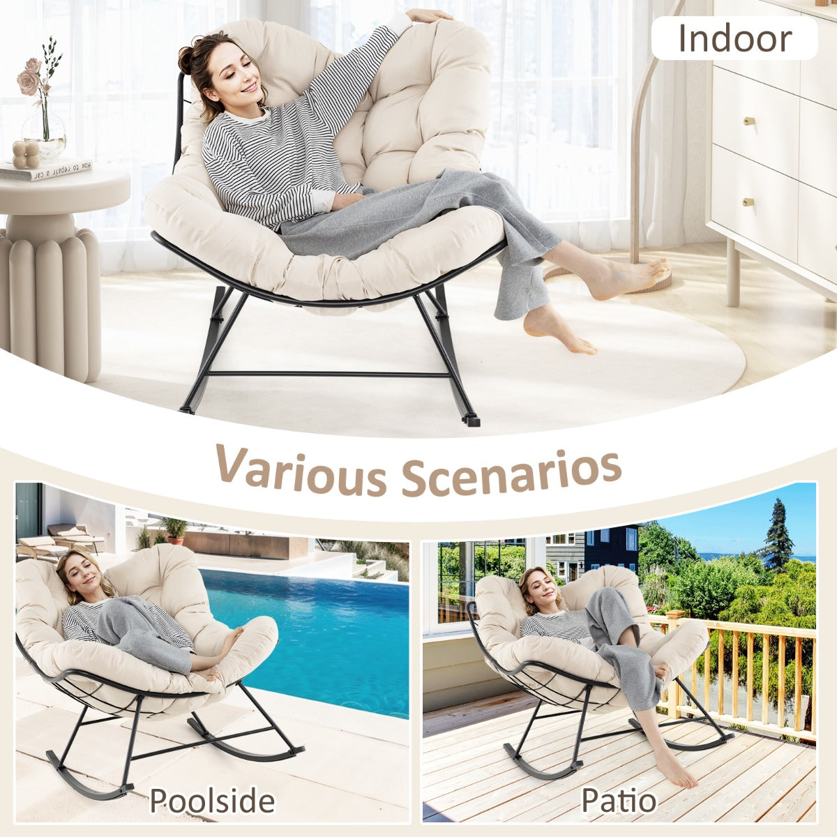 LIVSK Schommelstoel - 205 kg Draagkracht - Luxe 16 cm Kussen - Antislip - Ideaal voor Ontspanning - Zwart met Beige Kussen