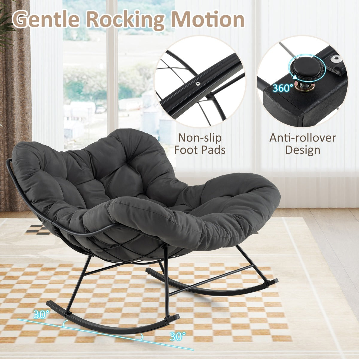 LIVSK Schommelstoel - 205 kg Draagvermogen - 110 x 95 x 94 cm - Luxueus 16 cm Dikke Kussen - Antislip - Zwart/Grijs
