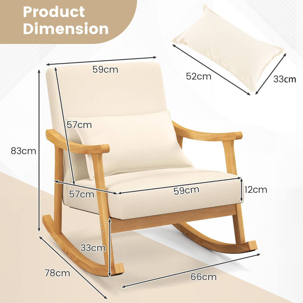 LIVSK Schommelstoel met Hoge Rugleuning - Ergonomisch Design - Rubberhouten Frame - Tot 150 kg - Beige