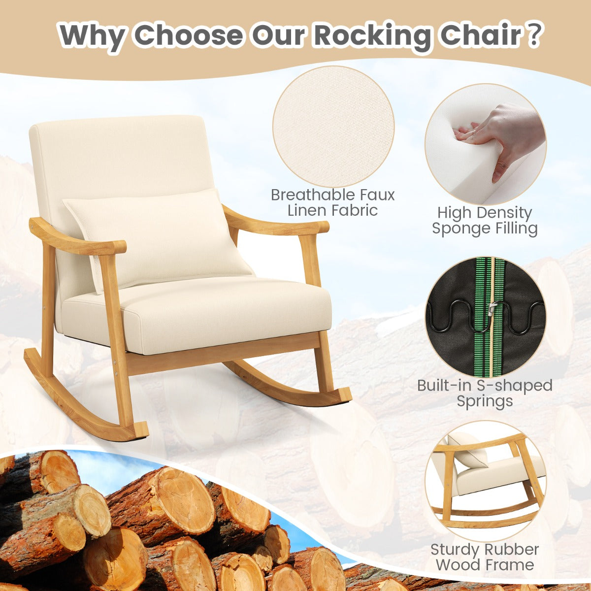 LIVSK Schommelstoel met Hoge Rugleuning - Ergonomisch Design - Rubberhouten Frame - Tot 150 kg - Beige