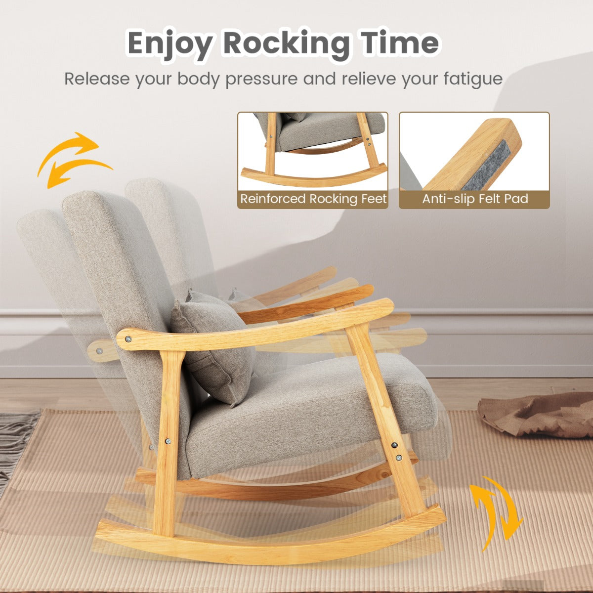 LIVSK Schommelstoel met Hoge Rugleuning - Ergonomisch Design - Polyester Bekleding - Draagvermogen tot 150 kg - Grijs