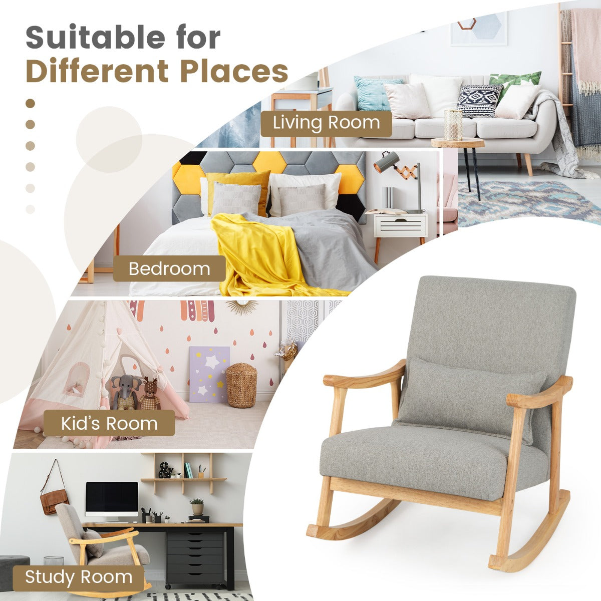LIVSK Schommelstoel met Hoge Rugleuning - Ergonomisch Design - Polyester Bekleding - Draagvermogen tot 150 kg - Grijs