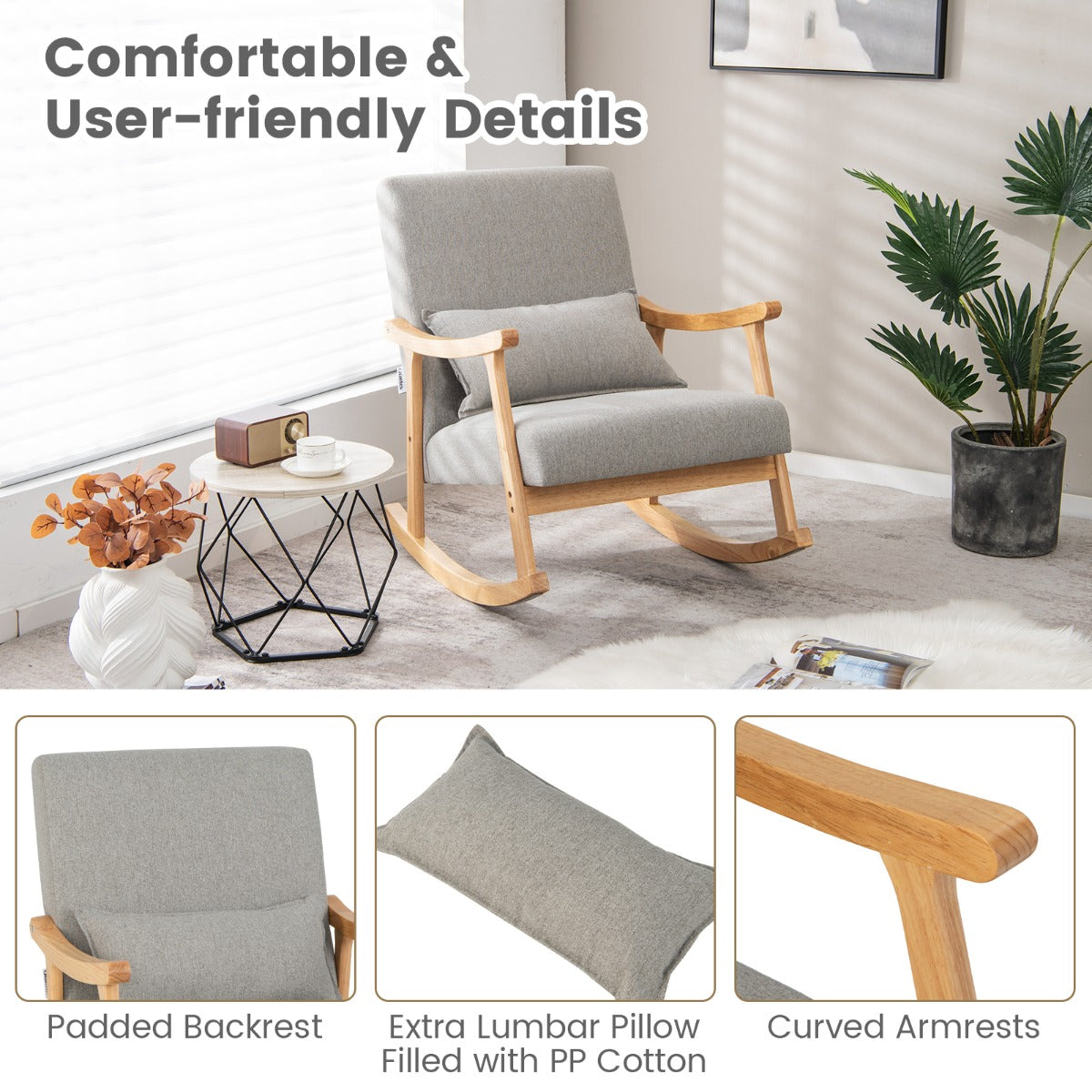 LIVSK Schommelstoel met Hoge Rugleuning - Ergonomisch Design - Polyester Bekleding - Draagvermogen tot 150 kg - Grijs