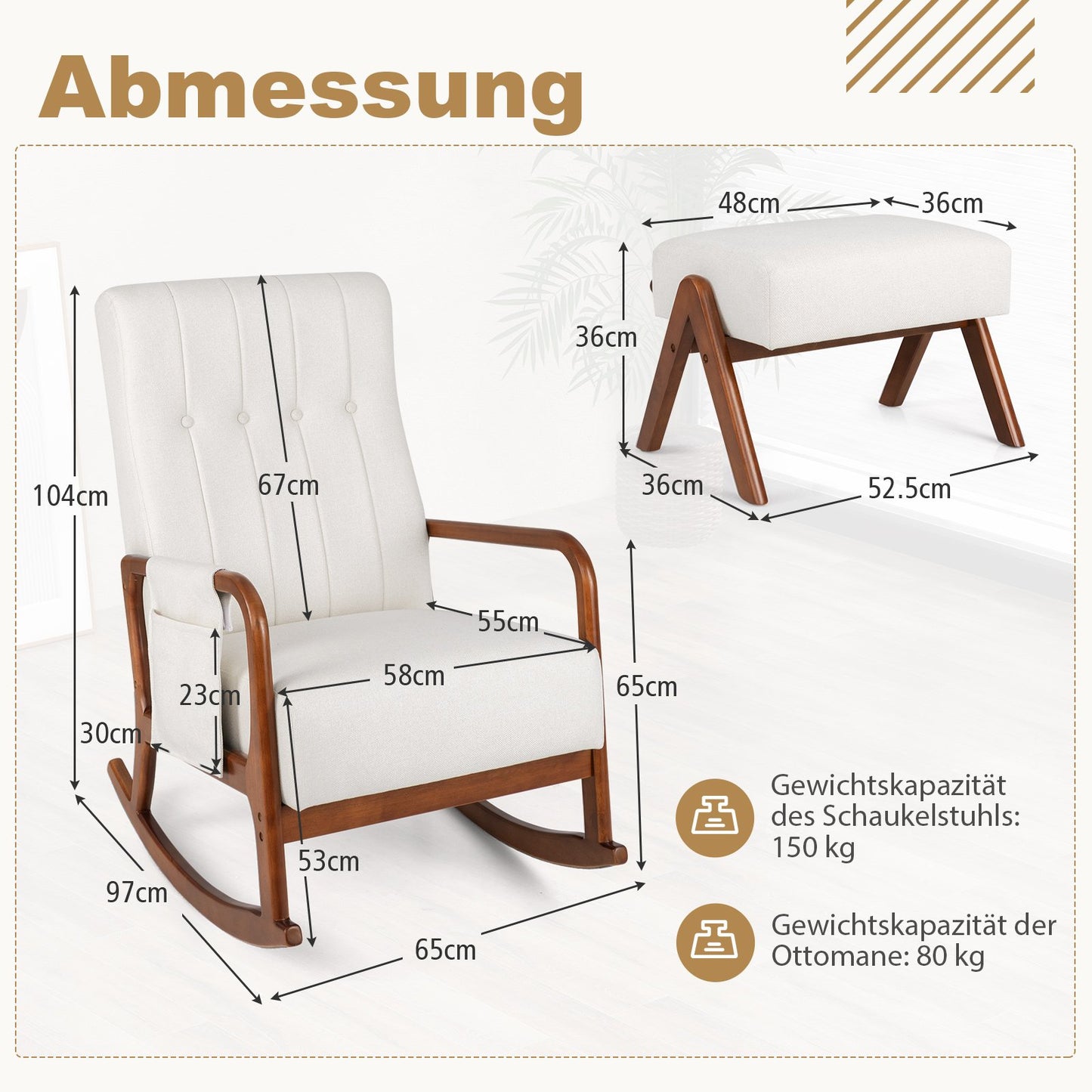 LIVSK Schommelstoel en Ottoman Set - Ergonomisch Ontwerp - Zachte Schommelbeweging - Multifunctioneel - Tot 150 kg - Beige