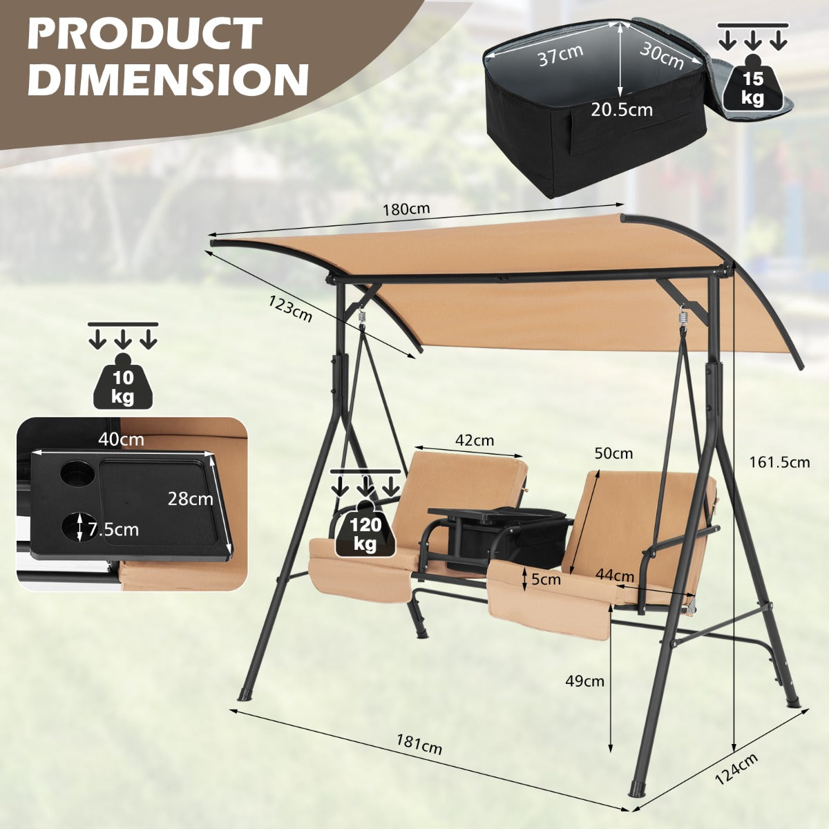 LIVSK 2-zits terraszonneluifelschommel - Verstelbare zonnekap - Afneembare koeltas - Bekerhouders - Tot 240 kg - Bruin