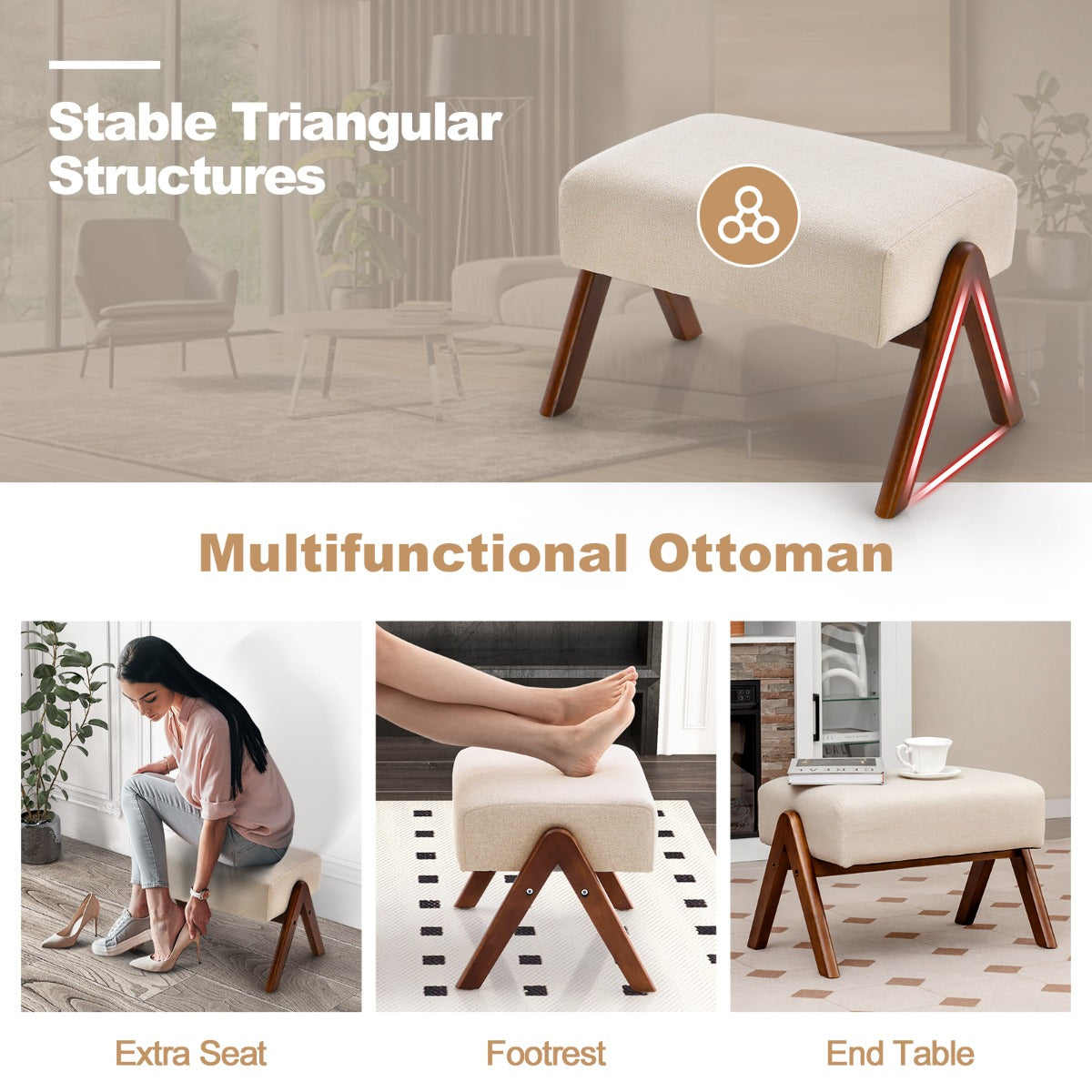 LIVSK Schommelstoel en Voetenbank Set - Ademend Katoenen Linnen - Hoogwaardige Rubberhouten Constructie - Tot 150 kg - Beige