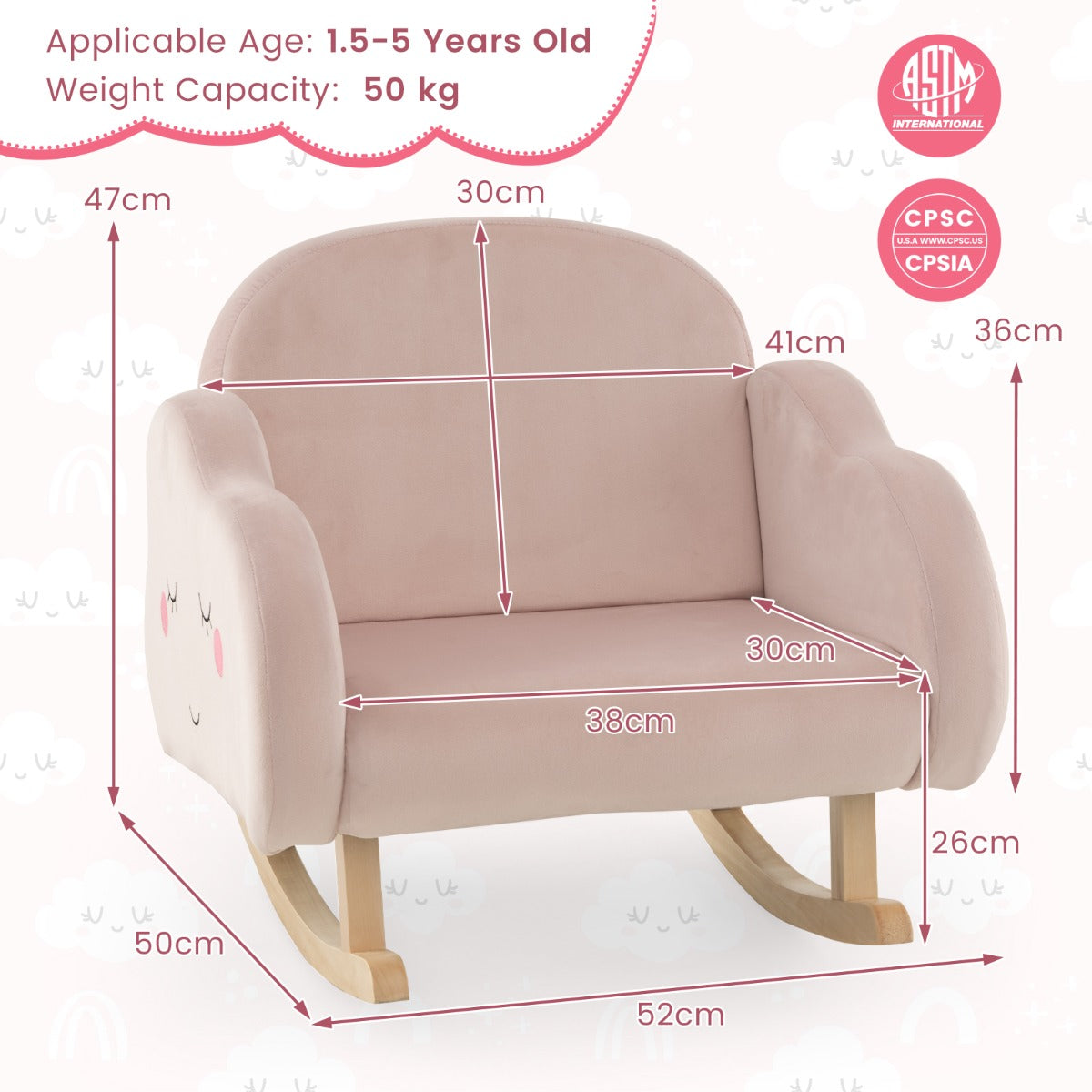 LIVSK Ergonomische Schommelstoel voor Kinderen - Hoogwaardig Nederlands Fluweel - Massief Houten Onderstel - Tot 50 kg - Roze