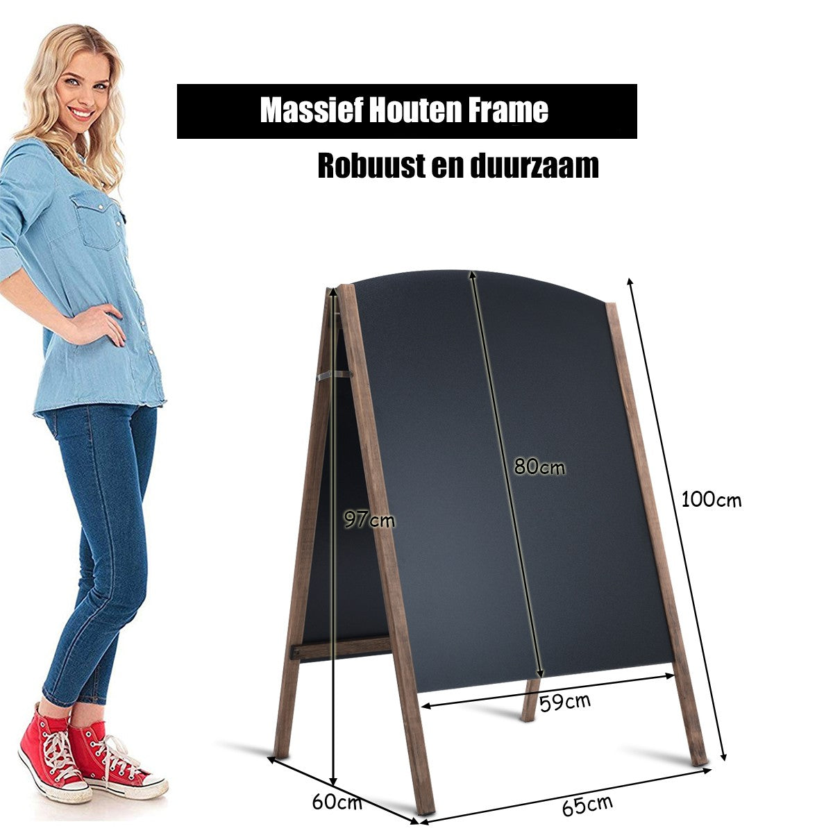 LIVSK Dubbelzijdig A-frame Stoepbord - Opvouwbaar - Hoogwaardig Grenenhout - Voor Menu's en Reclame - 65 x 60 x 97 cm - Zoals