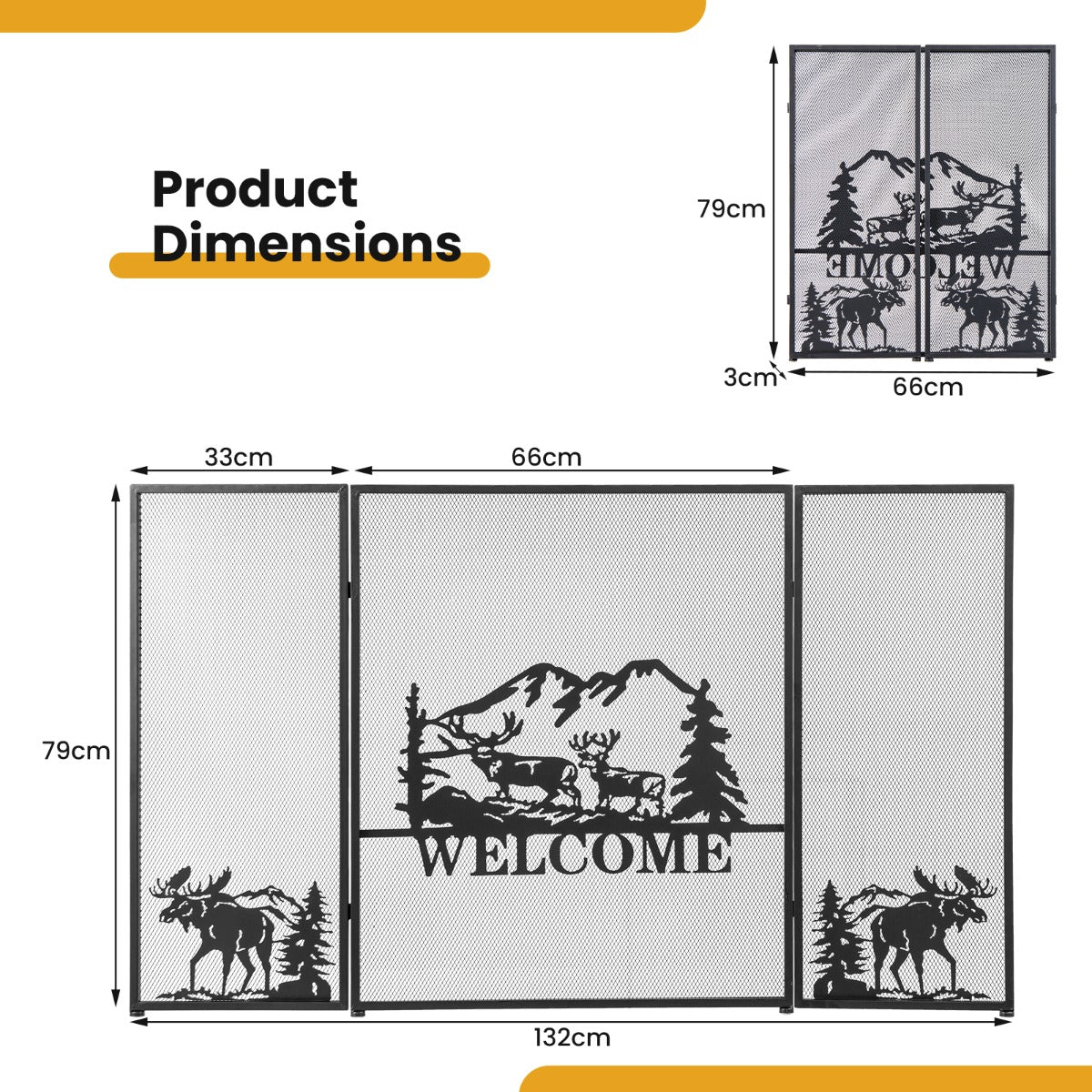 LIVSK Haardscherm met Vonkenbescherming - Inklapbaar 3-Delig - Stevig Metaal - Decoratief Visgraatpatroon - 132 x 79 cm - Zwart