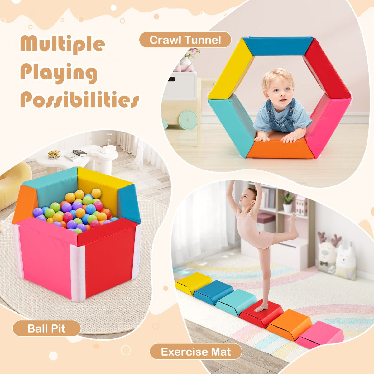 LIVSK Schuimrubberen Bouwstenen Set - 6 Trapeziumvormige Blokken - Veilige Klittenbandsluitingen - Combineerbaar - Veelkleurig