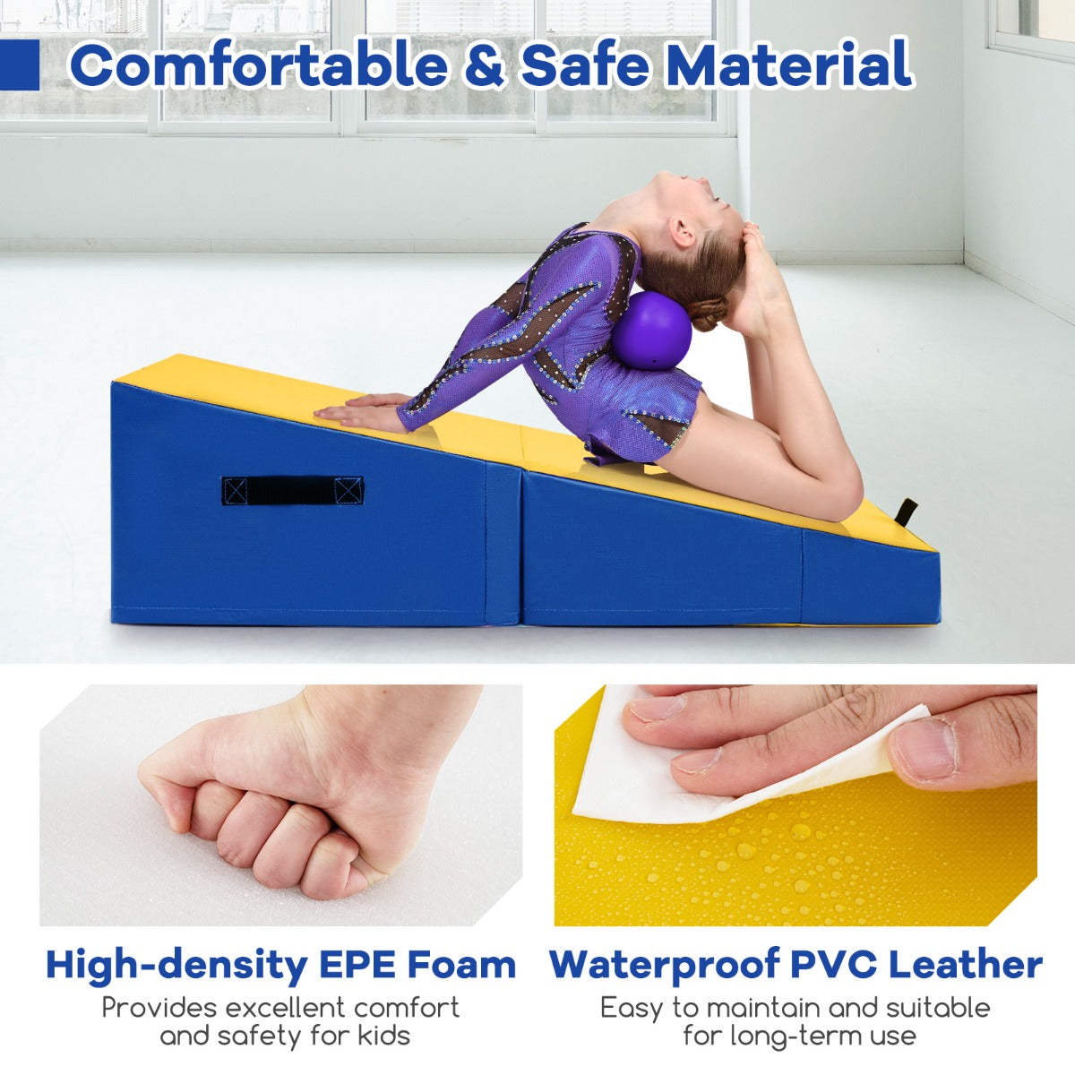 LIVSK Opvouwbare Fitnessmat - EPE-schuim - Slijtvaste PVC Bekleding - Draagbaar en Ondersteunend - 120 x 60 x 35 cm - Geel + Blauw