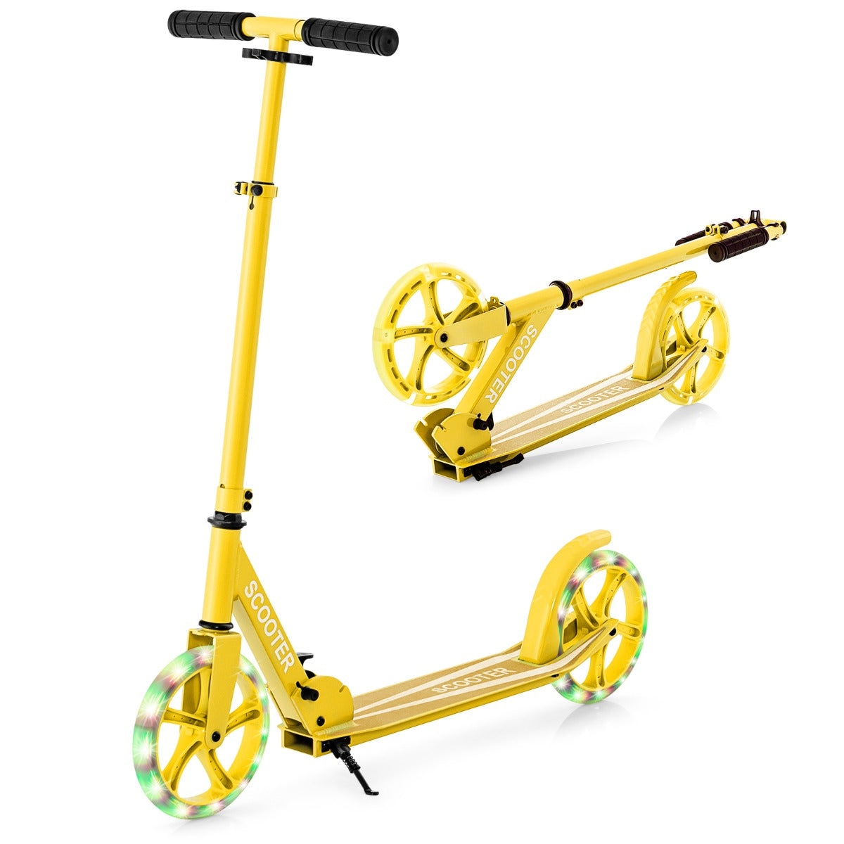 Livsk costway scooter voor jongeren en volwassenen met dubbele verlichte wielen remmen antislipdeck draagriem standaard geel 1