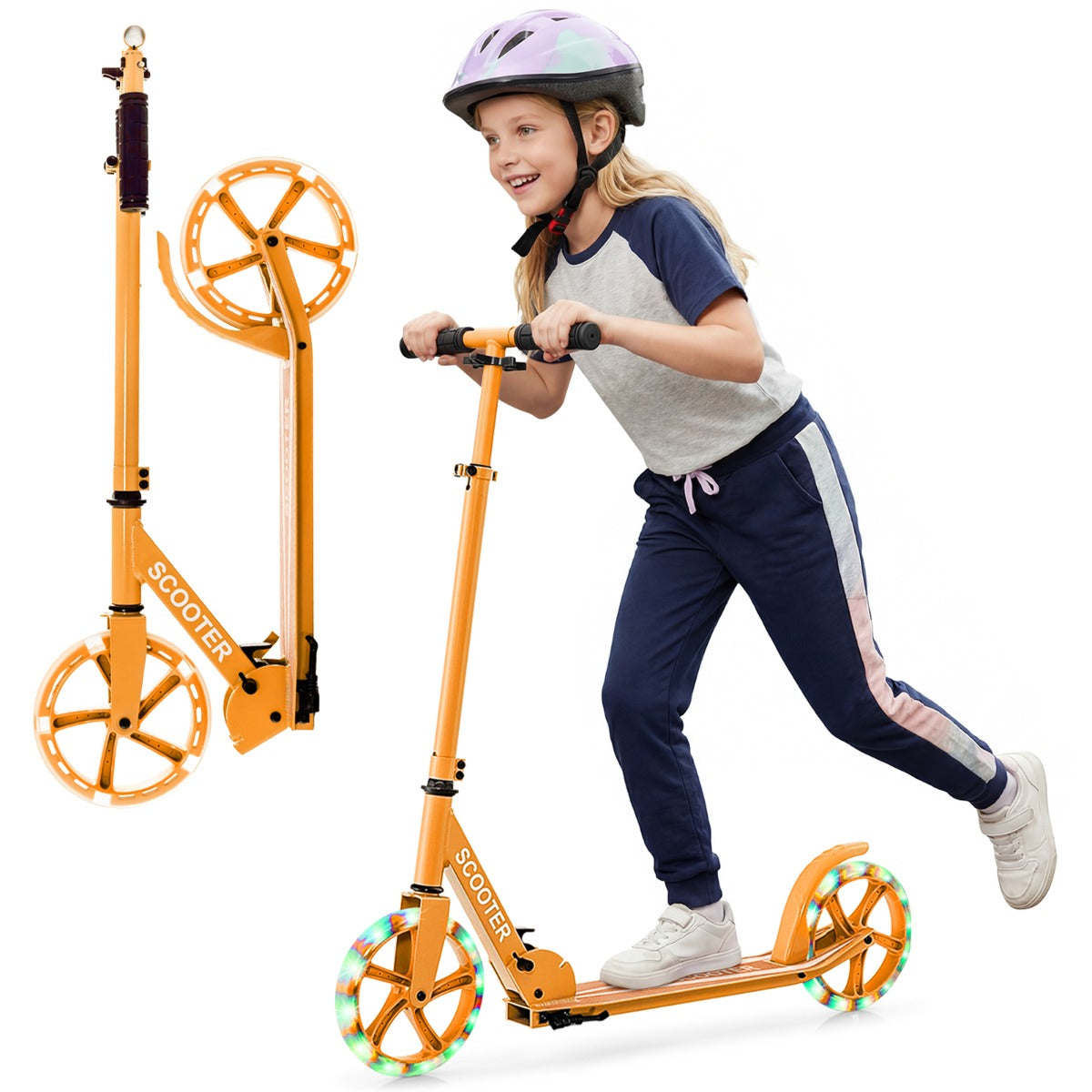 Livsk costway scooter voor jongeren en volwassenen met dubbele verlichte wielen remmen antislipdeck draagriem standaard oranje