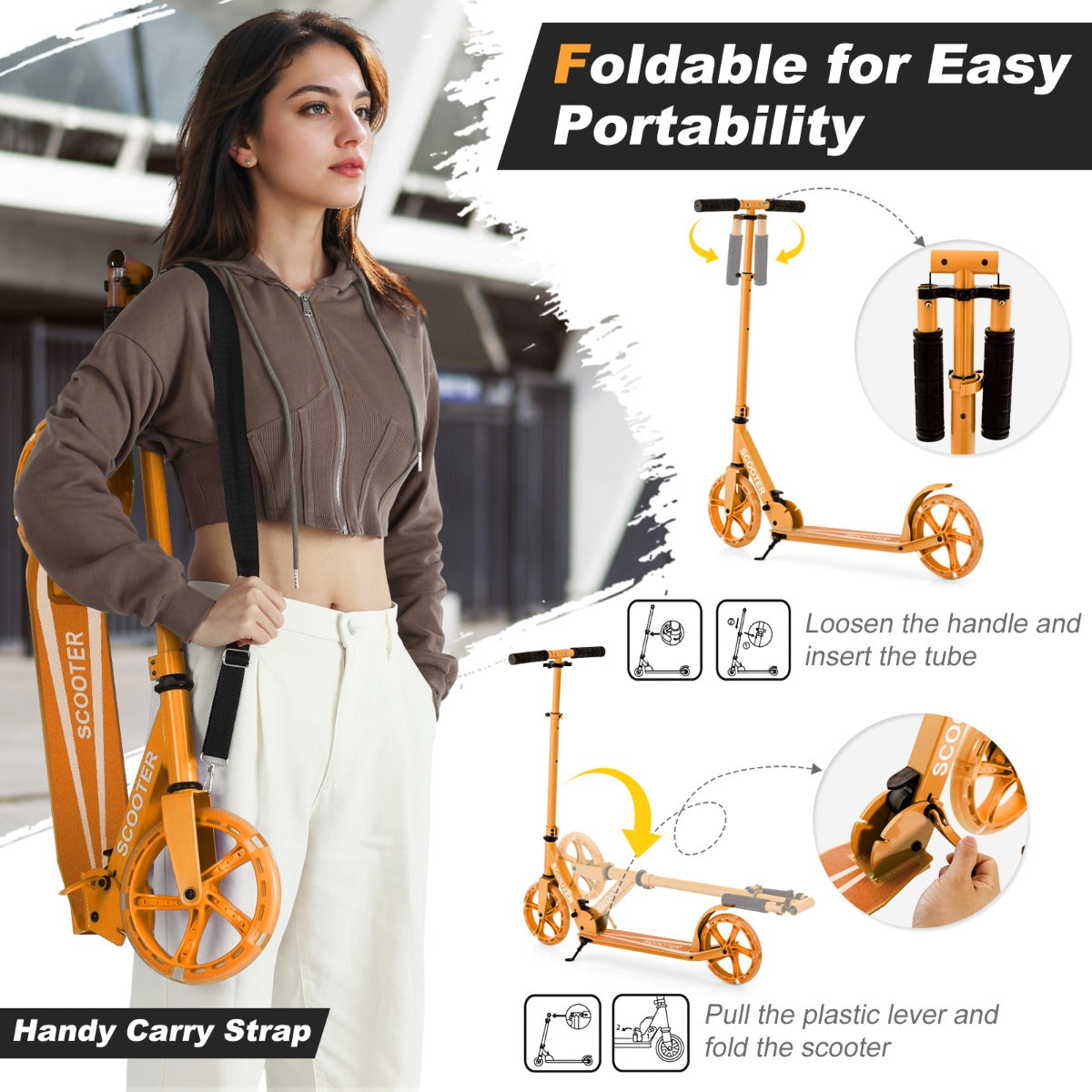 Livsk costway scooter voor jongeren en volwassenen met dubbele verlichte wielen remmen antislipdeck draagriem standaard oranje