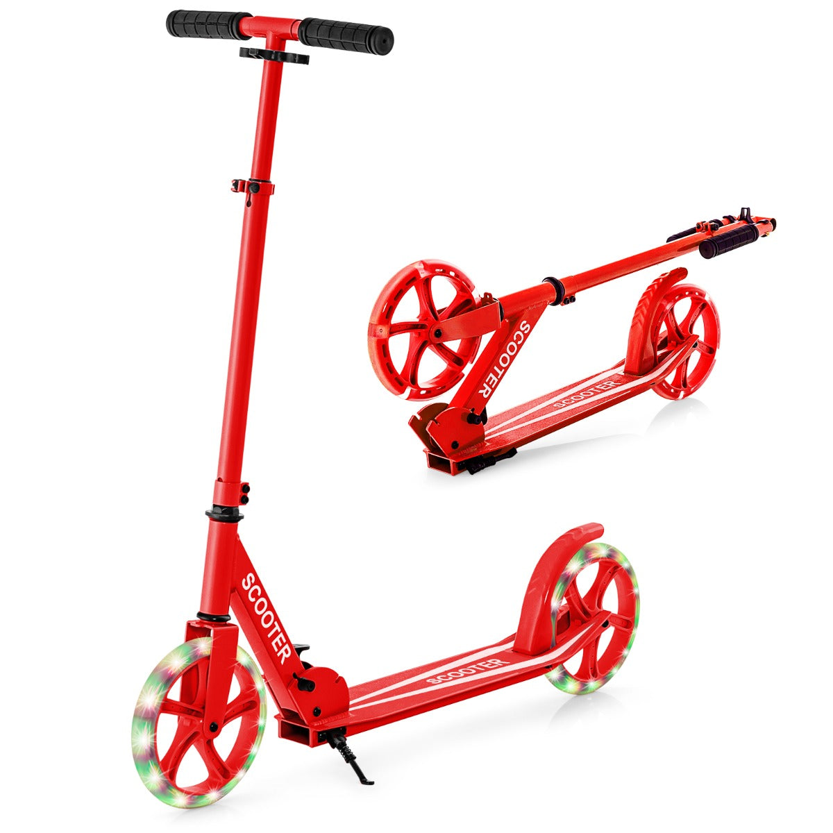 Livsk costway scooter voor jongeren en volwassenen met dubbele verlichte wielen remmen antislipdeck draagriem standaard rood 1