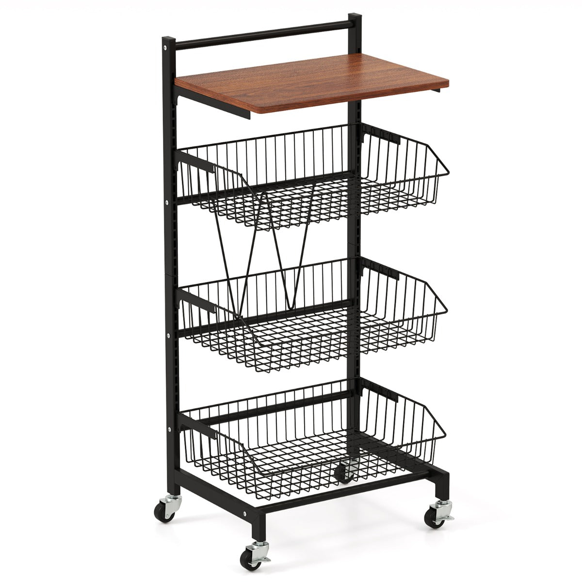 LIVSK Rollende Snackwagen - Verstelbare Manden - Robuust Metaal - Houten Werkblad - Universele Wielen - 40 x 31 x 88 cm - Zwart