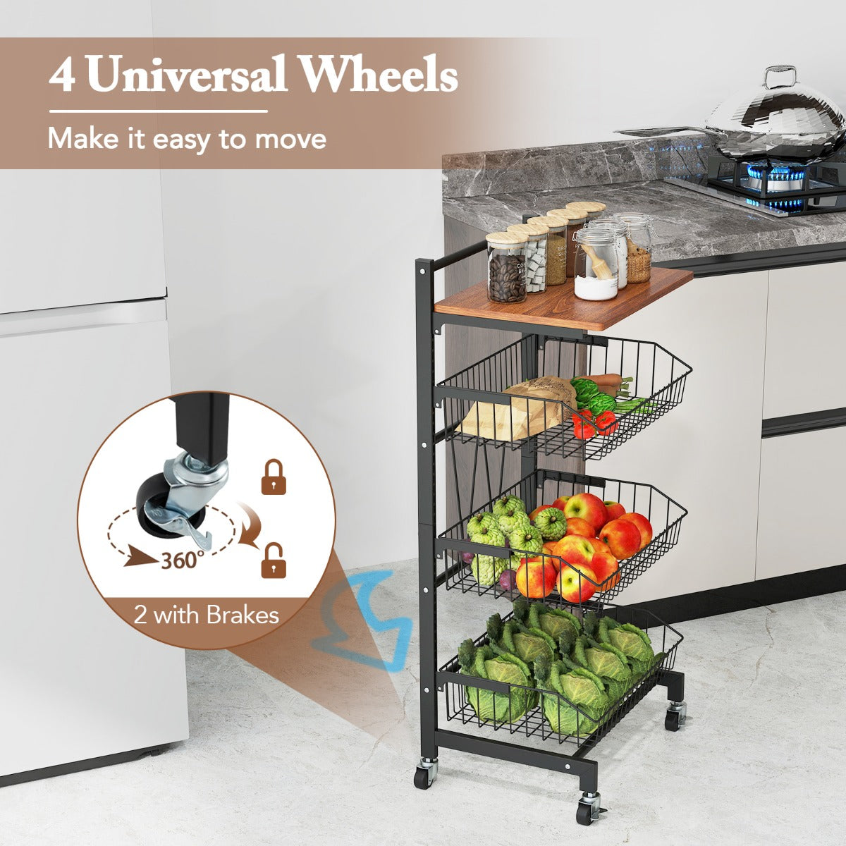 LIVSK Rollende Snackwagen - Verstelbare Manden - Robuust Metaal - Houten Werkblad - Universele Wielen - 40 x 31 x 88 cm - Zwart