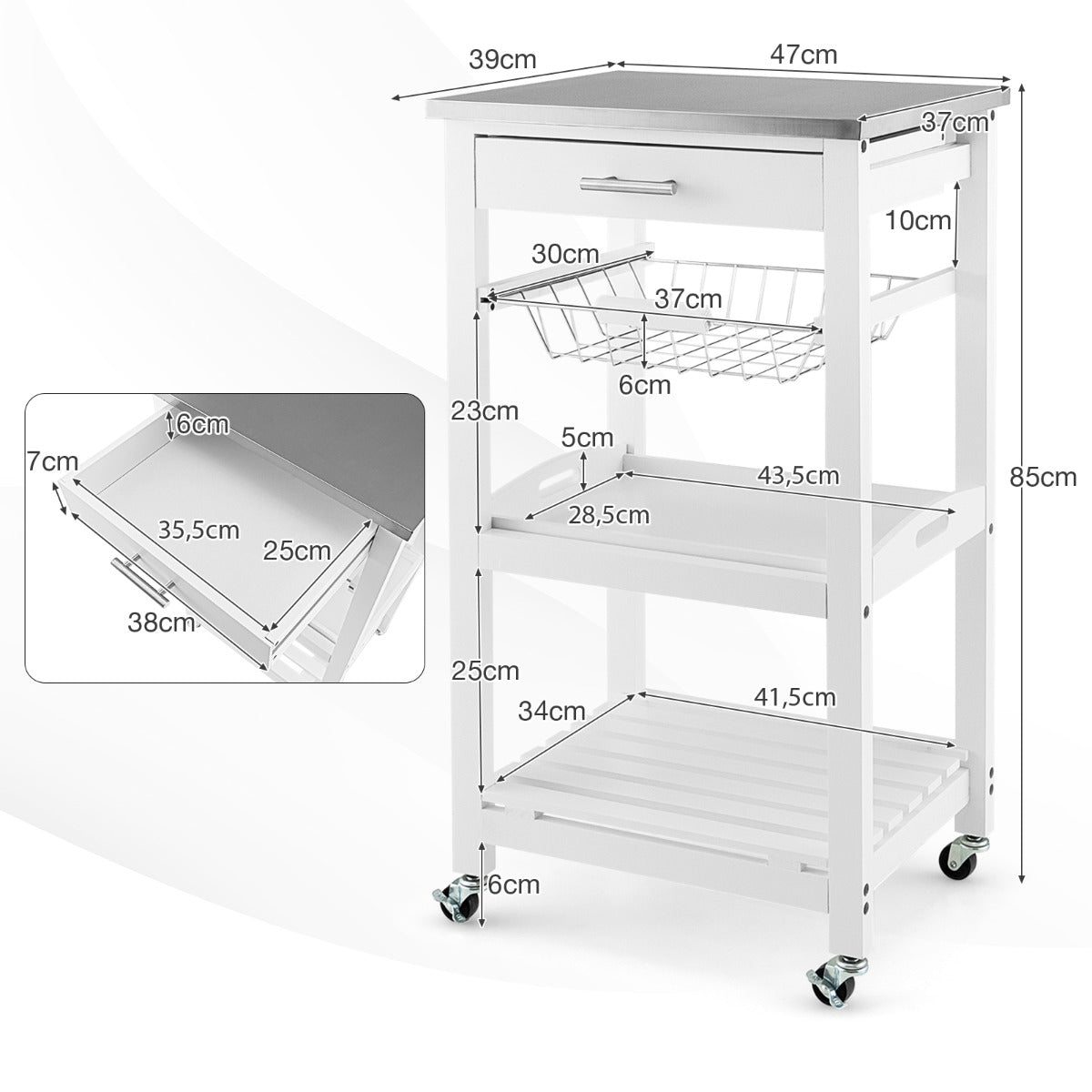 Livsk costway serveerwagen rollend keukeneiland met werkblad 47 x 39 x 85 cm wit 1 1
