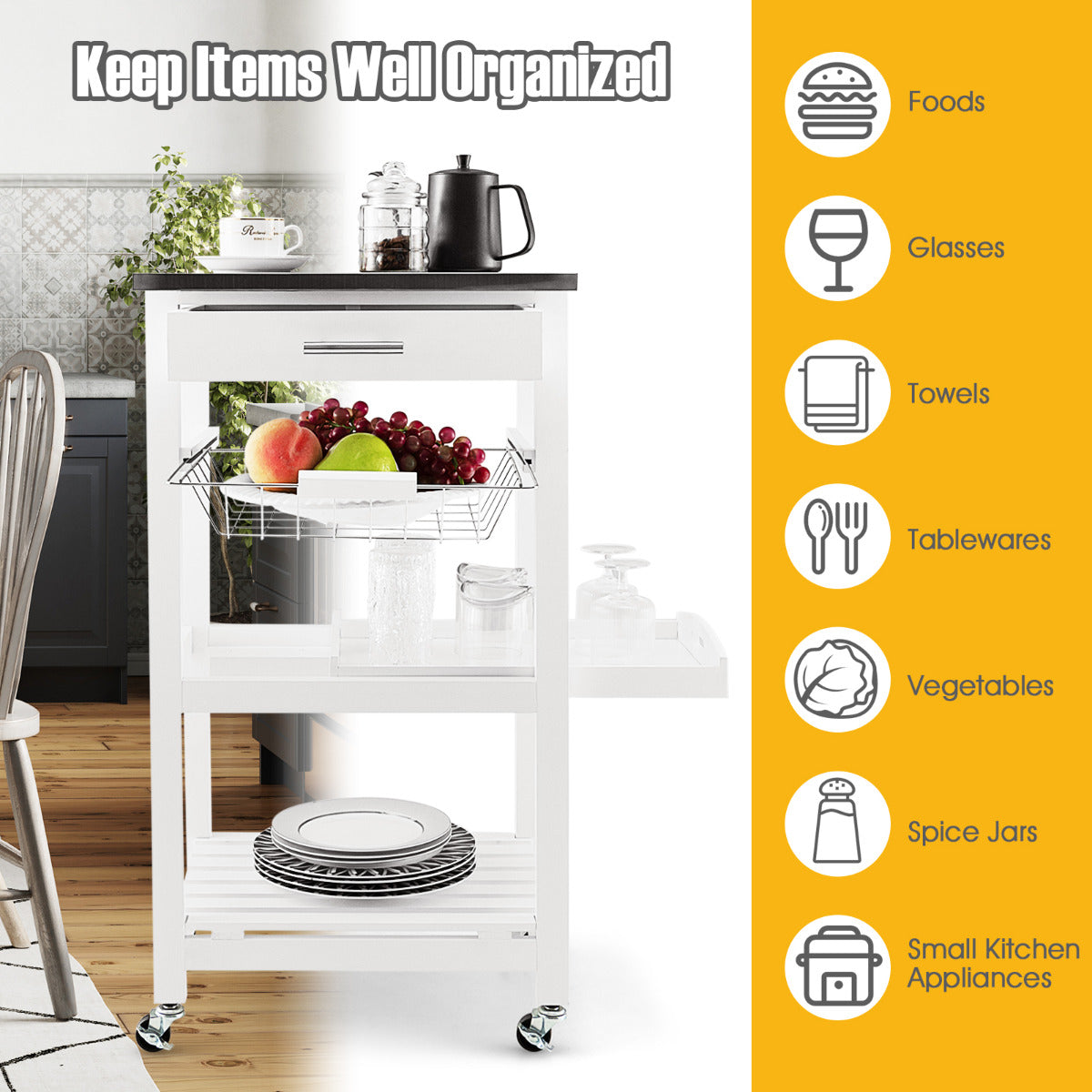 Livsk costway serveerwagen rollend keukeneiland met werkblad 47 x 39 x 85 cm wit 2