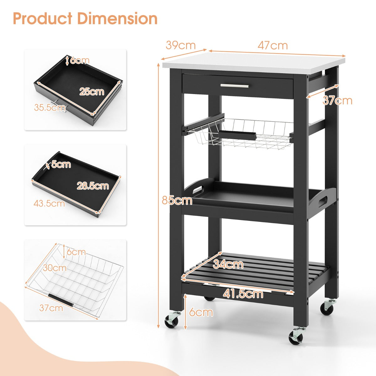 Livsk costway serveerwagen rollend keukeneiland met werkblad 47 x 39 x 85 cm zwart 2