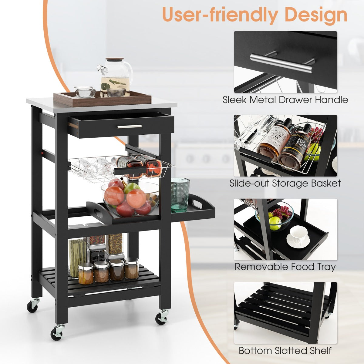 Livsk costway serveerwagen rollend keukeneiland met werkblad 47 x 39 x 85 cm zwart 4