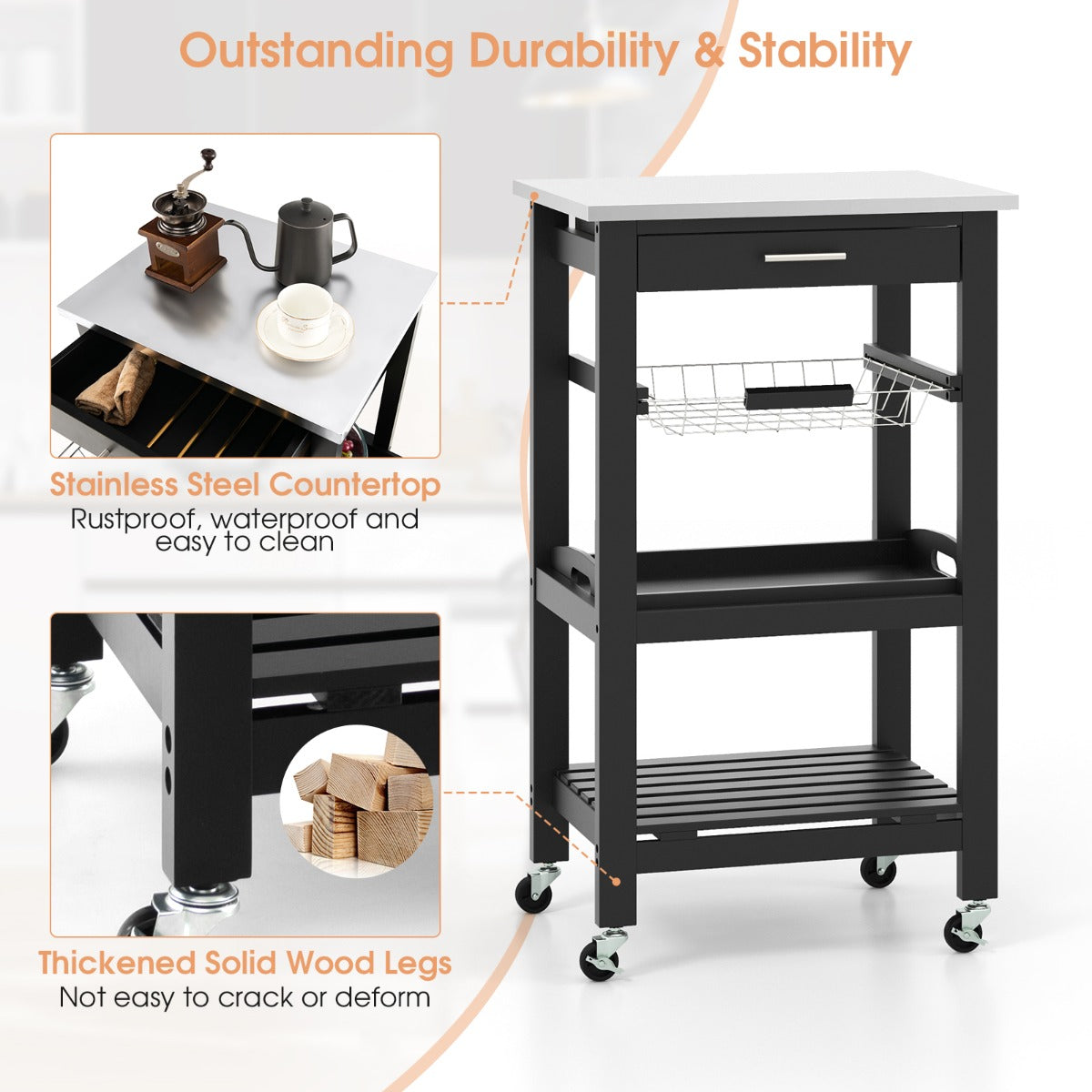 Livsk costway serveerwagen rollend keukeneiland met werkblad 47 x 39 x 85 cm zwart 5