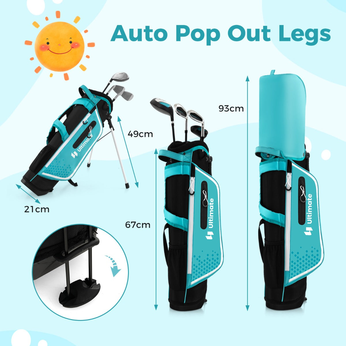 LIVSK Junior Golfclubset voor Kinderen - Compleet met Golftas en Regenhoes - Driver, 7-Delige Ijzer, Putter - Blauw/Groen/Roze