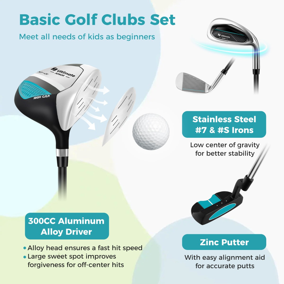 LIVSK Junior Golfclubset voor Kinderen - Compleet met Golftas en Regenhoes - Driver, 7-Delige Ijzer, Putter - Blauw/Groen/Roze
