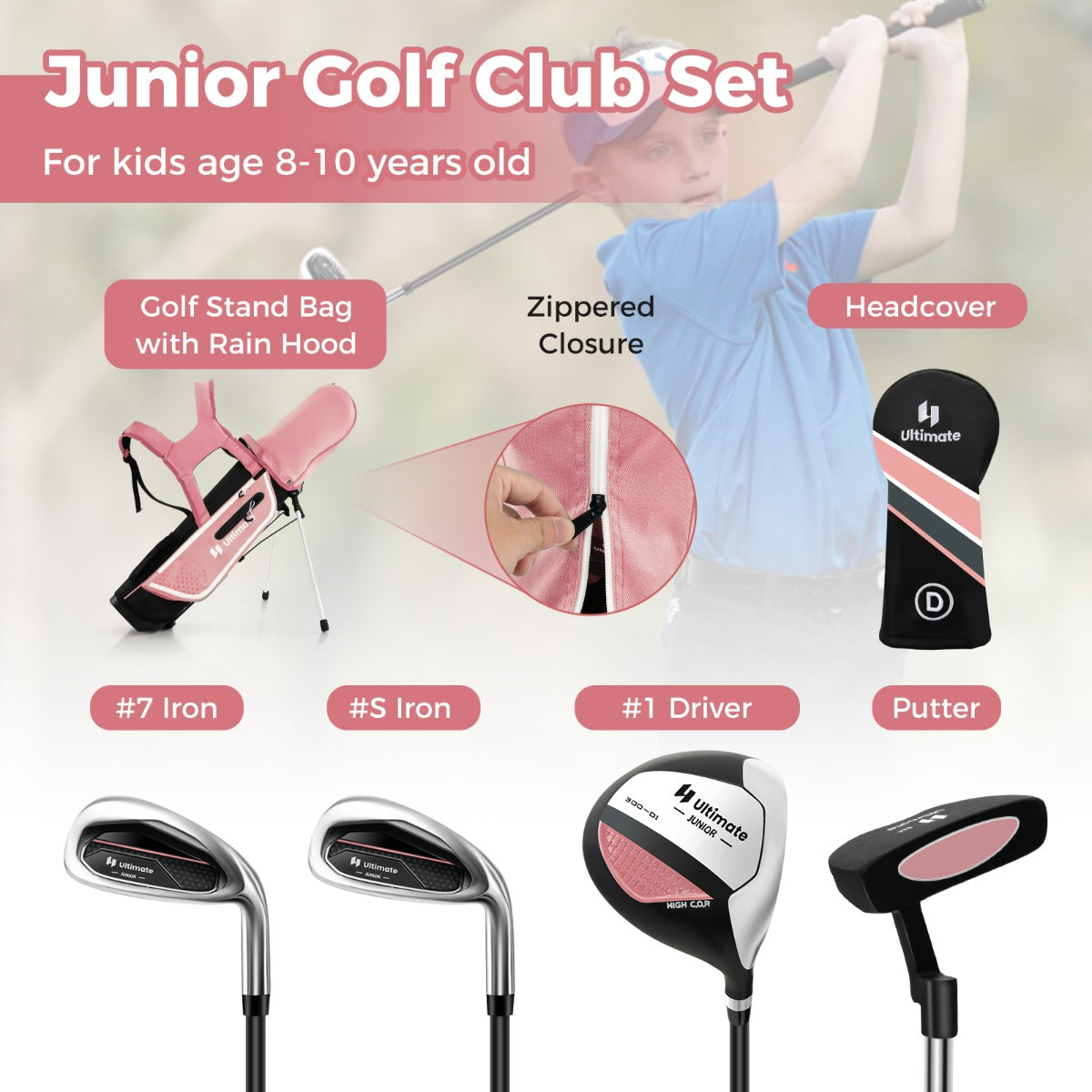 LIVSK Junior Golfset voor Kinderen 8-10 Jaar - Inclusief Standtas met Regenhoes - Aluminium Driver - 7-Delige IJzer -