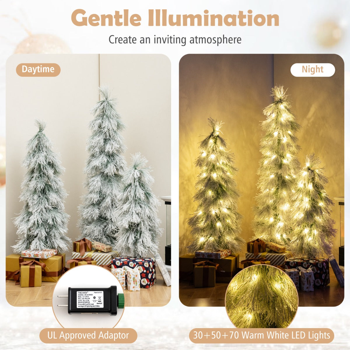 Livsk costway set kunstkerstbomen met sneeuweffect en warme ledverlichting inclusief 225 cm en set van 3 bomen met variabele hoogte 6