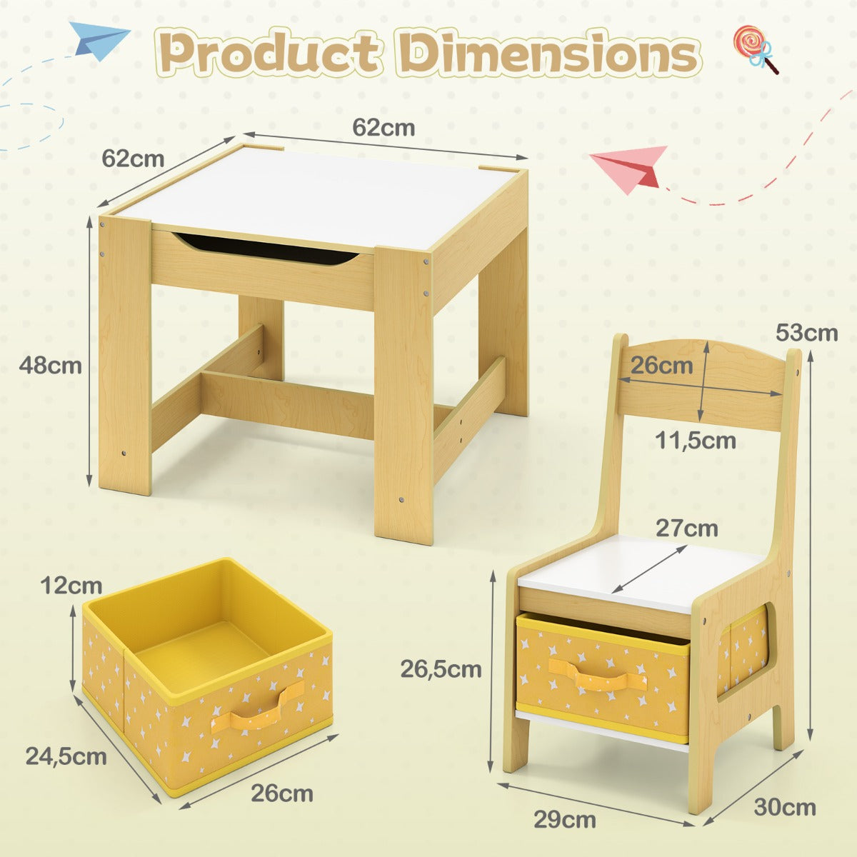 Livsk costway set met tafel en 2 stoelen voor kinderen activiteiten tafel voor peuters met afneembaar dubbelzijdig blad schoolbord en whiteboard geel 2