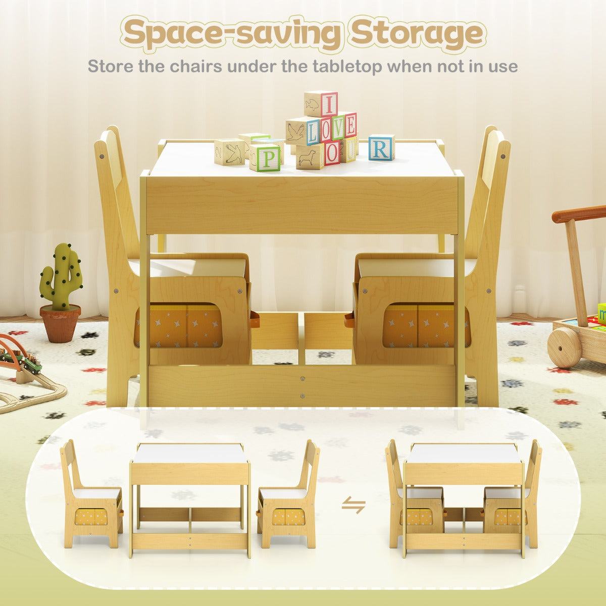 Livsk costway set met tafel en 2 stoelen voor kinderen activiteiten tafel voor peuters met afneembaar dubbelzijdig blad schoolbord en whiteboard geel 5