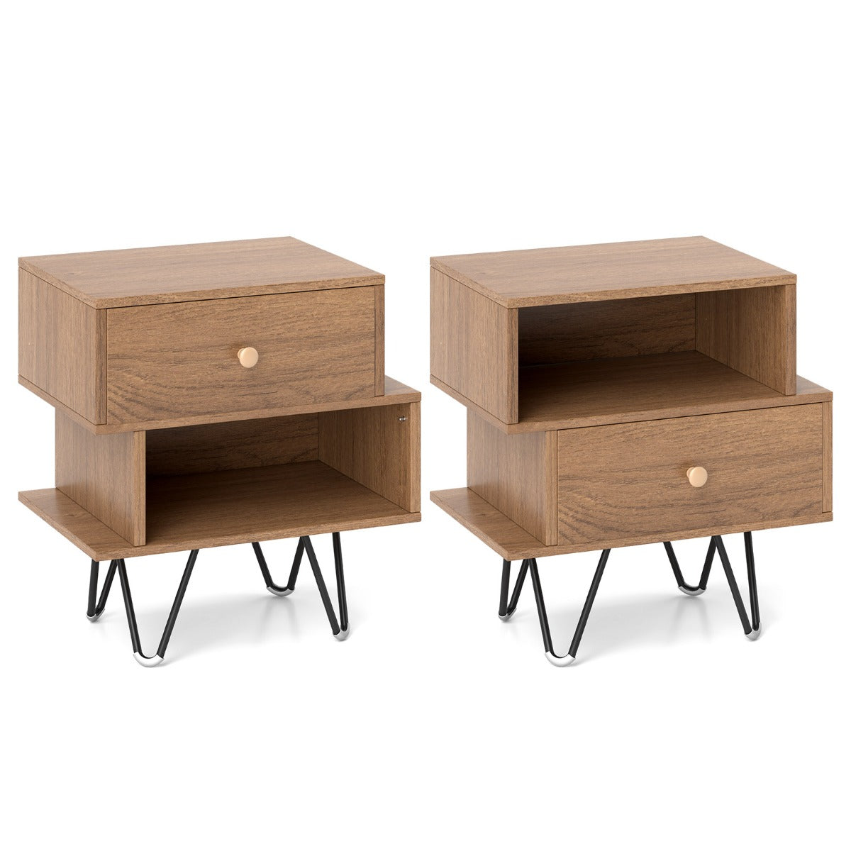 LIVSK Nachtkastjesset - Verstelbare Lade - Stevige Metalen Poten - Mid-Century Design - Ideaal voor Kleine Ruimtes - Naturel