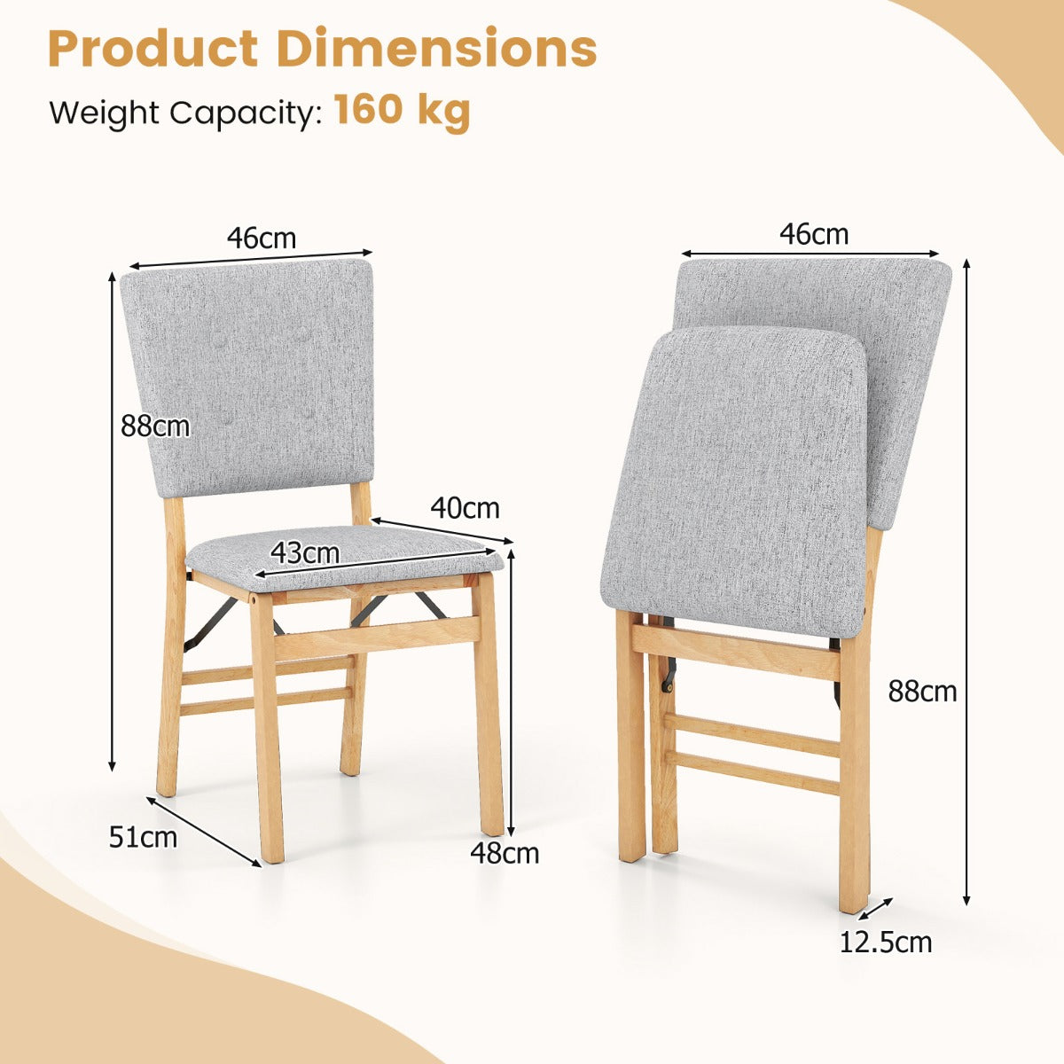 Livsk costway set opvouwbare eetkamerstoelen rubberhouten poten gestoffeerde accentstoelen voor de eetkamer 2