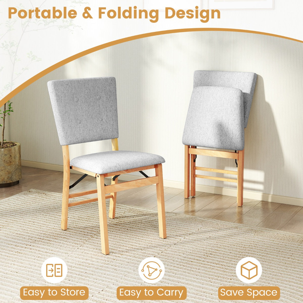 Livsk costway set opvouwbare eetkamerstoelen rubberhouten poten gestoffeerde accentstoelen voor de eetkamer 3