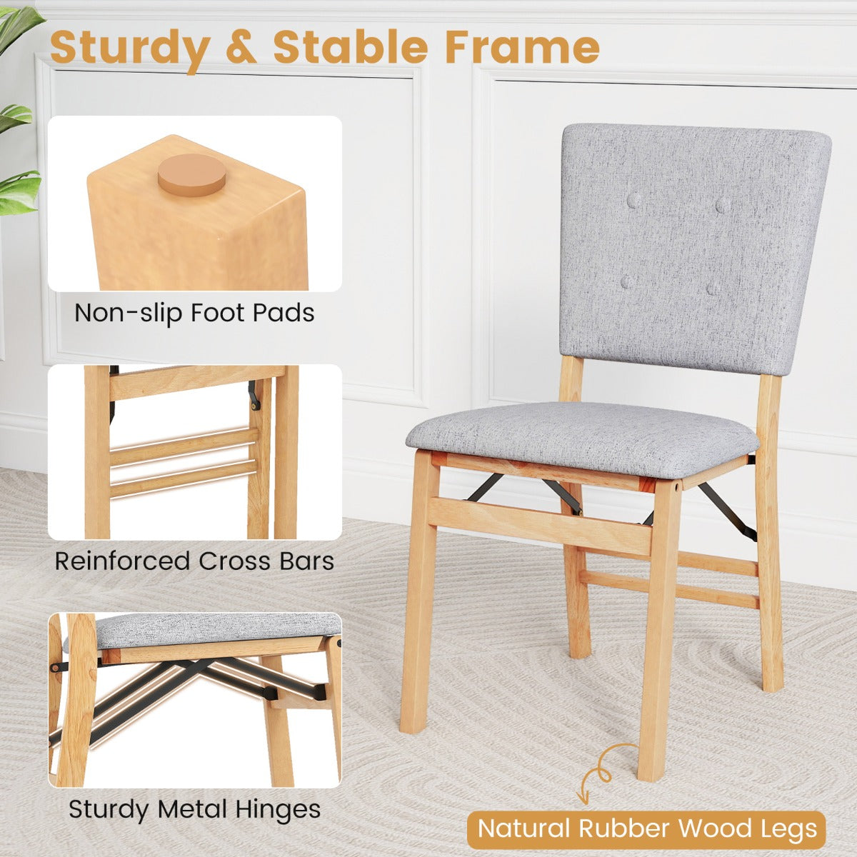 Livsk costway set opvouwbare eetkamerstoelen rubberhouten poten gestoffeerde accentstoelen voor de eetkamer 4