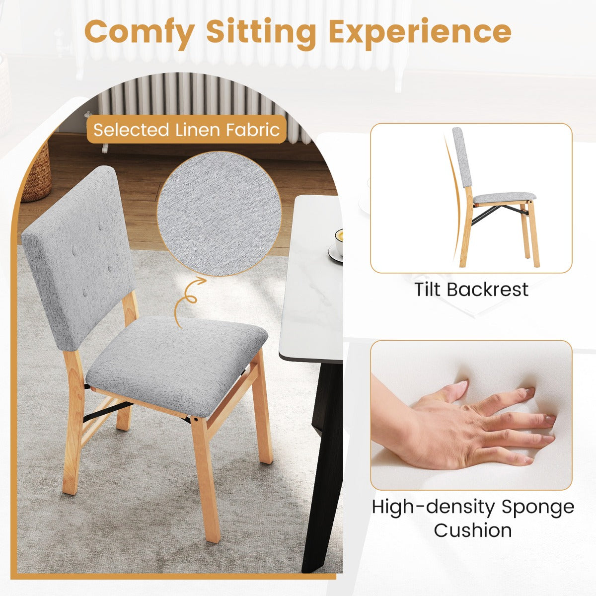 Livsk costway set opvouwbare eetkamerstoelen rubberhouten poten gestoffeerde accentstoelen voor de eetkamer 5