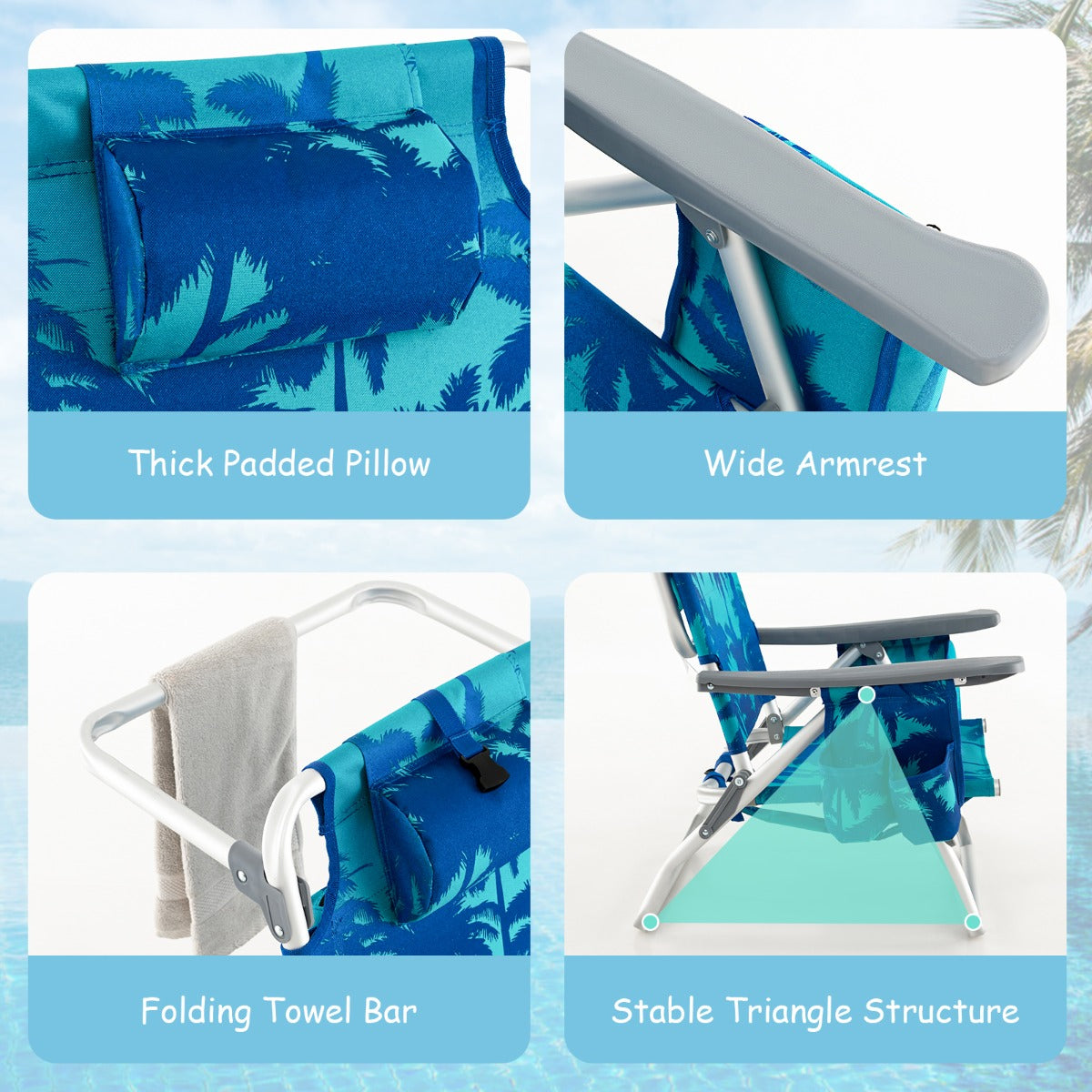 Livsk costway set van 1 tafel en 2 strandstoelen ligstoelen voor buiten met oprolbare campingtafel 5 standen klapstoelen en aluminium tafel blauw 6