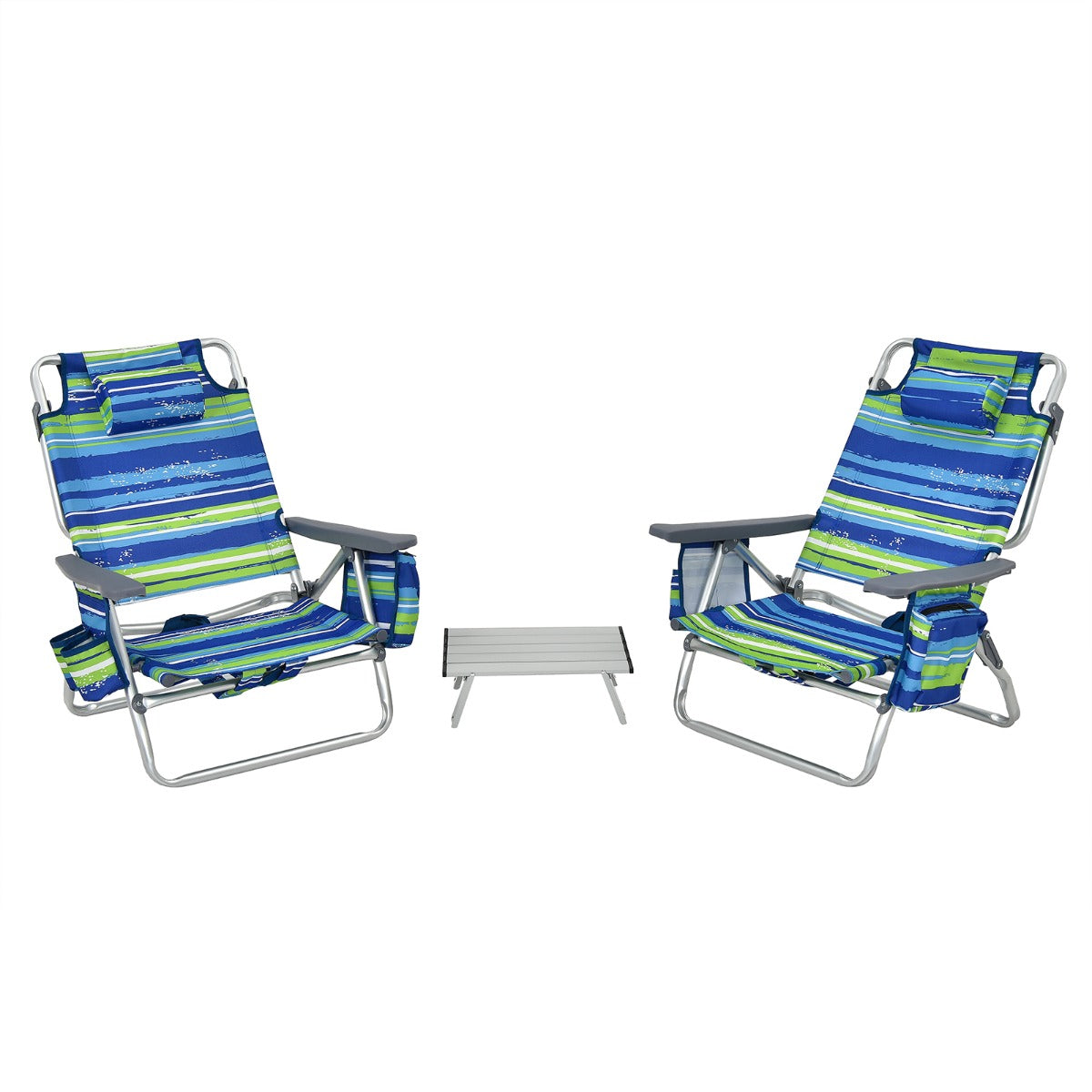 LIVSK 3-delige Strandmeubelset - 2 Verstelbare Strandstoelen met Hoofdkussen - Opvouwbare Campingtafel - Duurzaam - Blauw/Groen