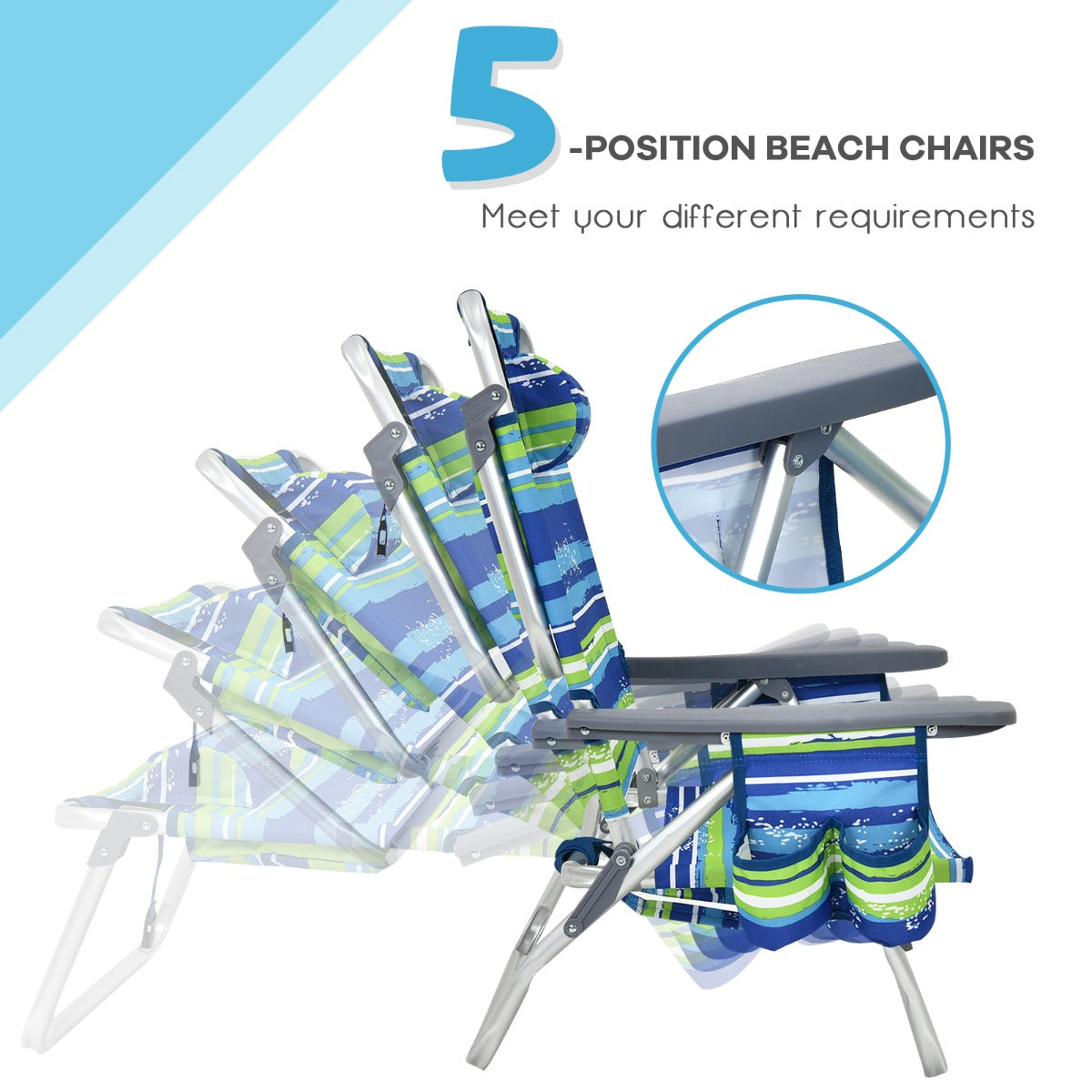 LIVSK 3-delige Strandmeubelset - 2 Verstelbare Strandstoelen met Hoofdkussen - Opvouwbare Campingtafel - Duurzaam - Blauw/Groen