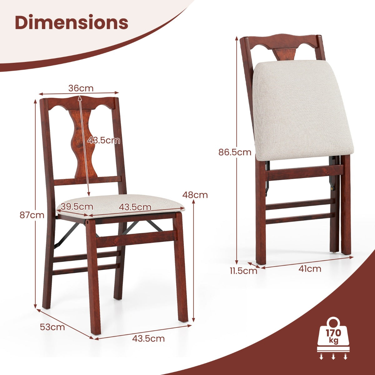 Livsk costway set van 2 4 klapstoelen eetkamerstoelen met comfortabele gestoffeerde zittingen en rubberen boomhouten frame 2 2